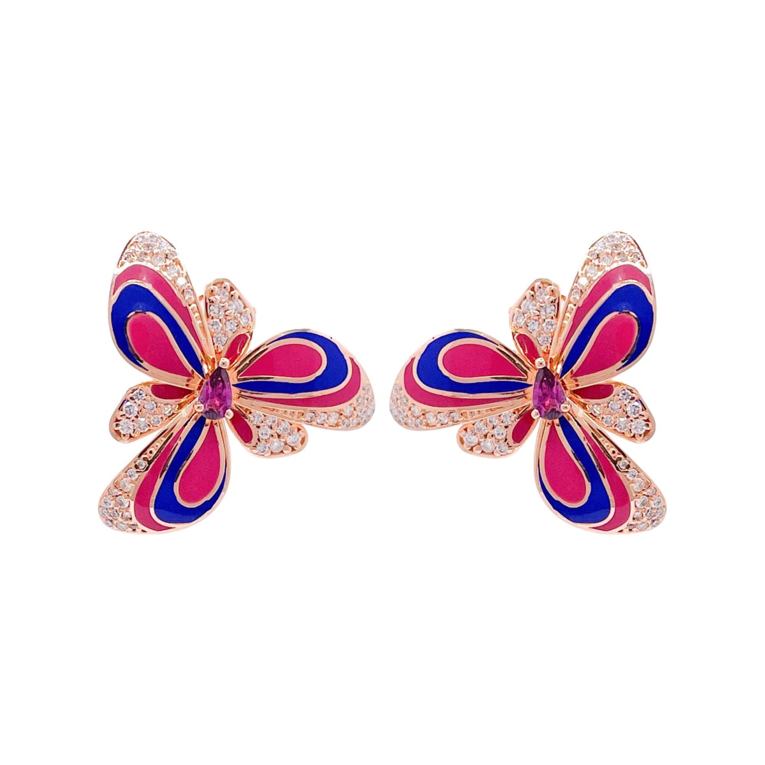 Jay Feder 18k Rose Gold Diamond Enamel Flower Earrings