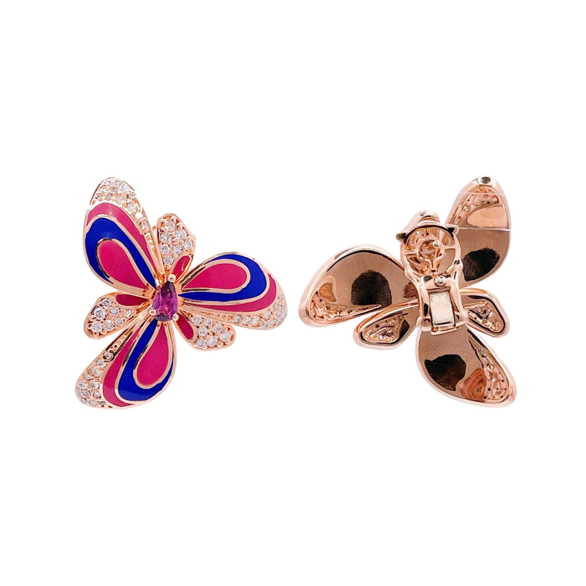 Jay Feder 18k Rose Gold Diamond Enamel Flower Earrings