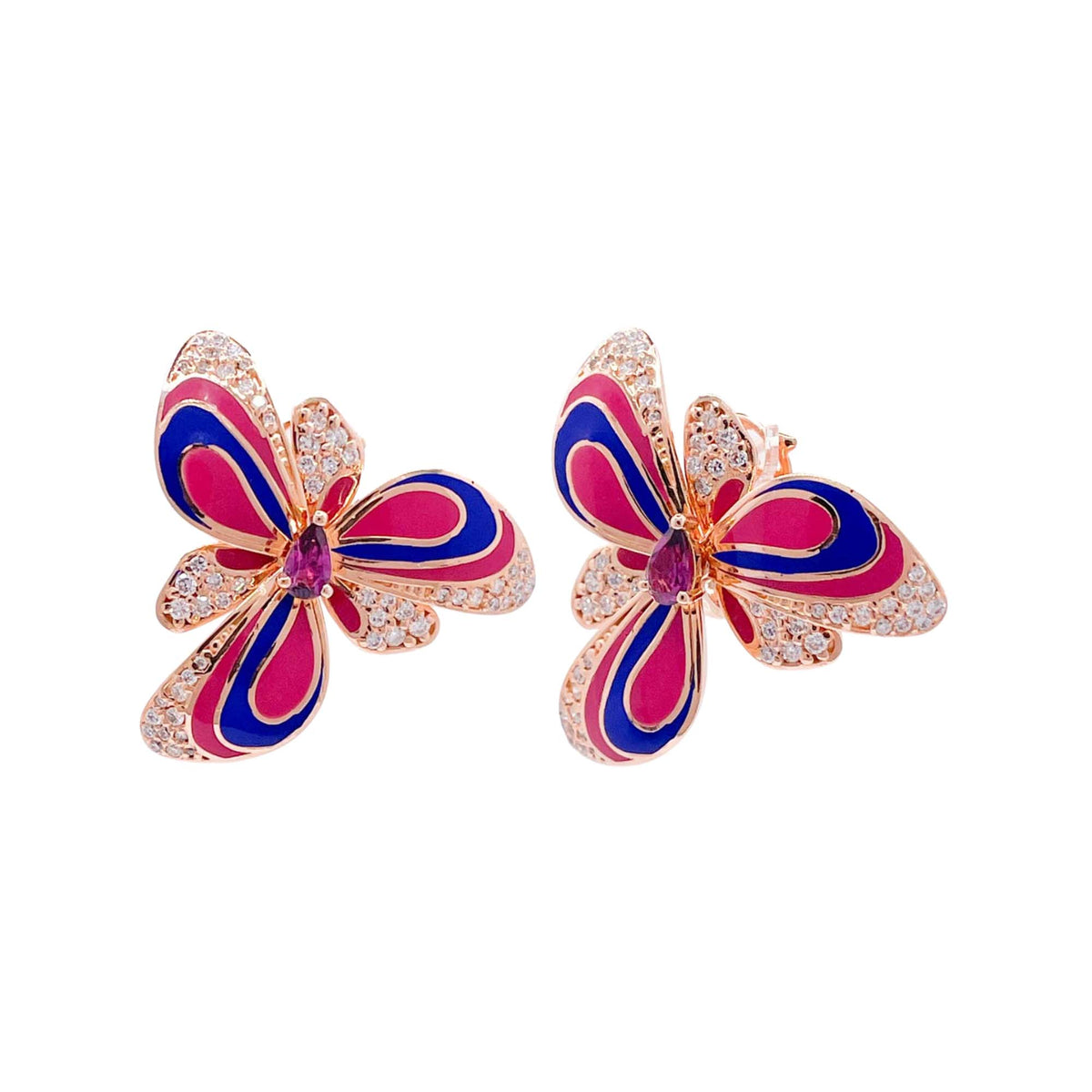 Jay Feder 18k Rose Gold Diamond Enamel Flower Earrings