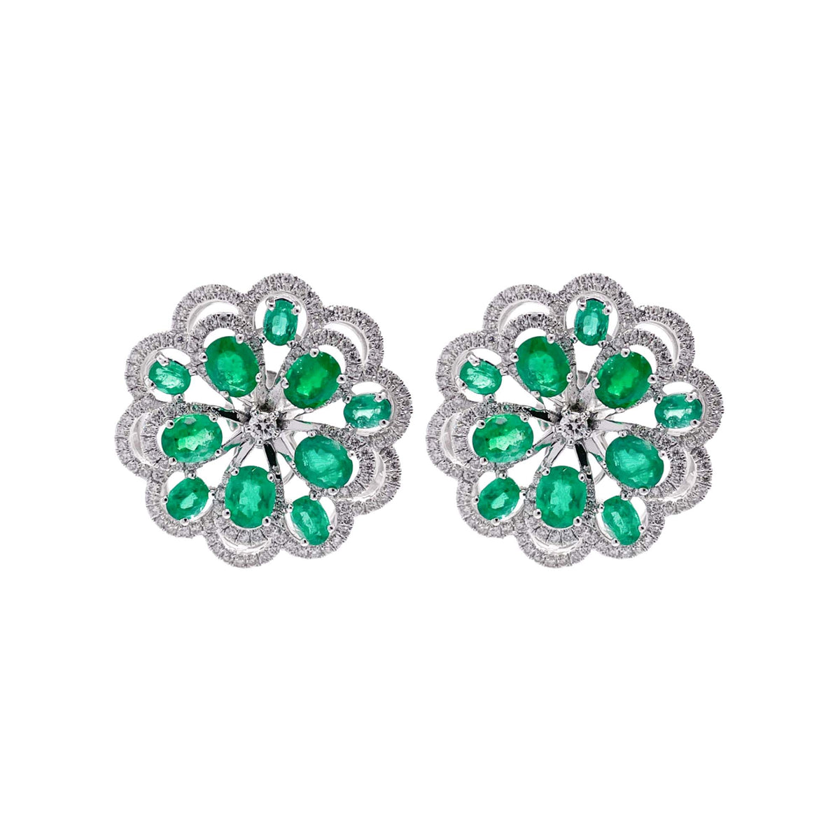 Jay Feder 18k White Gold Green Emerald Diamond Flower Cluster Earrings