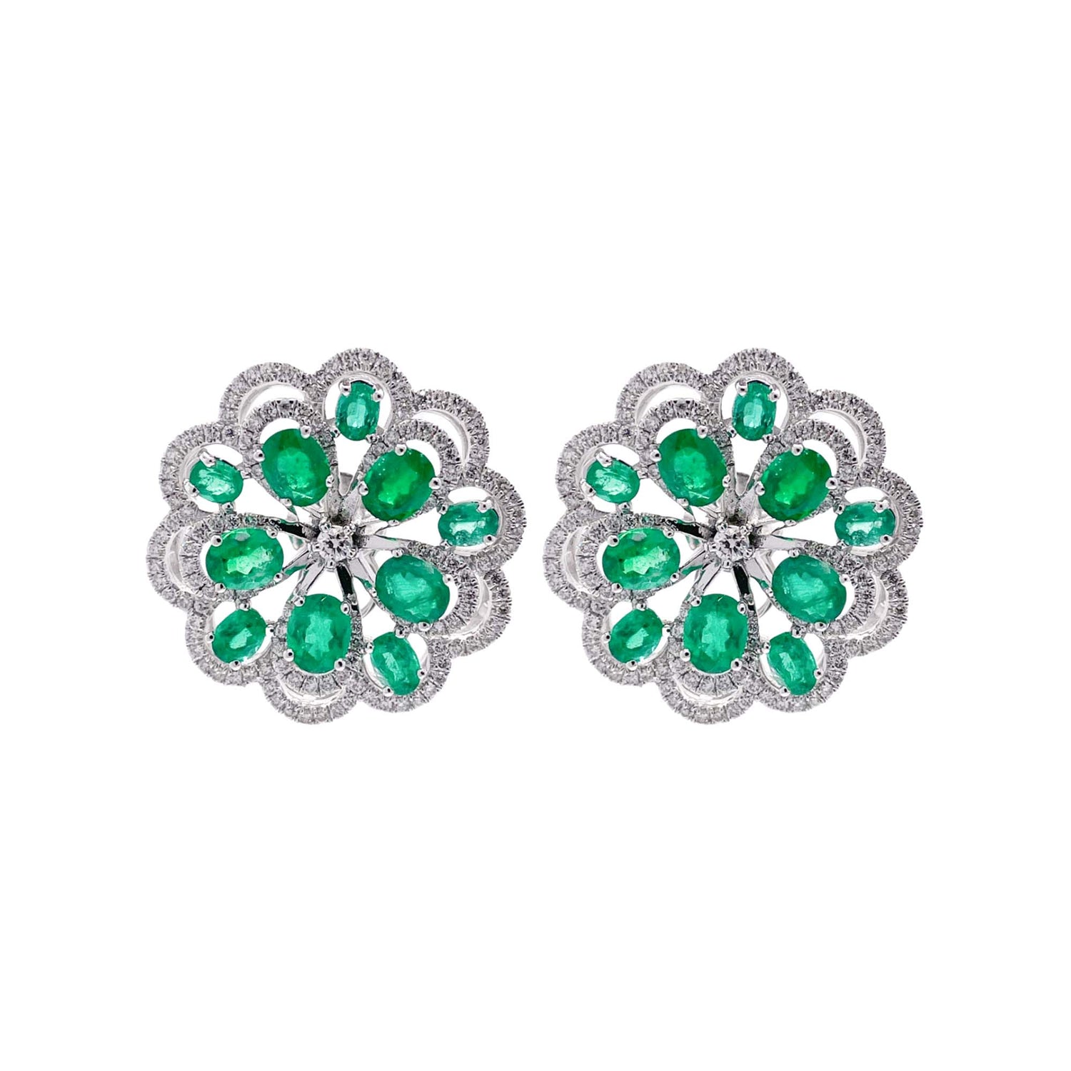 Jay Feder 18k White Gold Green Emerald Diamond Flower Cluster Earrings