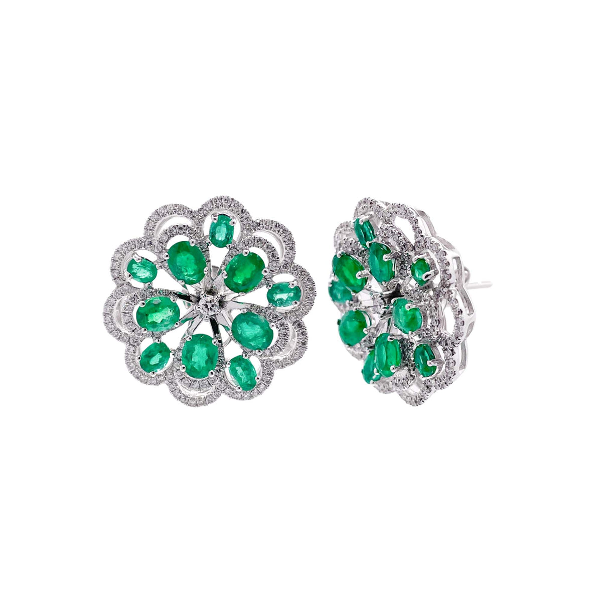 Jay Feder 18k White Gold Green Emerald Diamond Flower Cluster Earrings