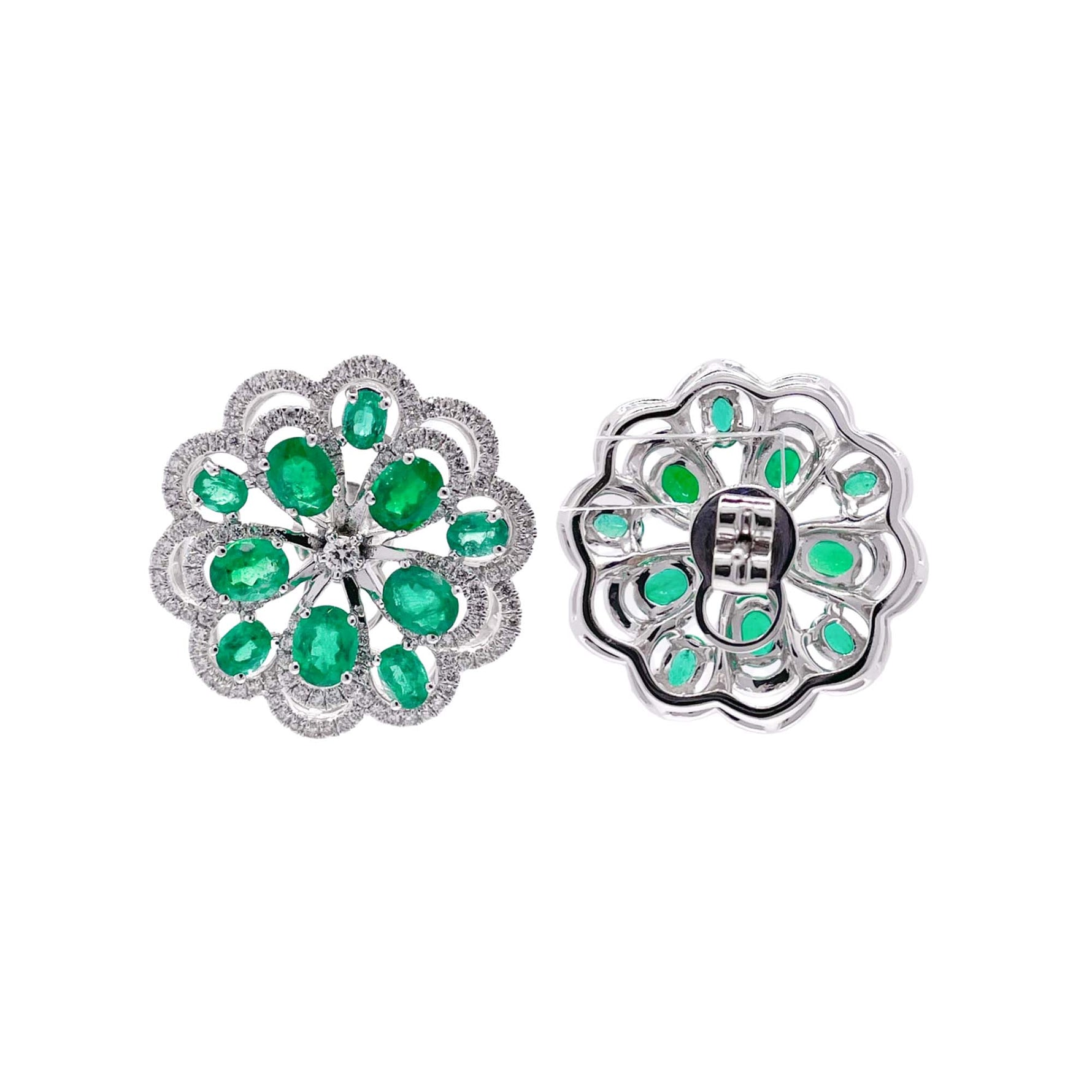 Jay Feder 18k White Gold Green Emerald Diamond Flower Cluster Earrings