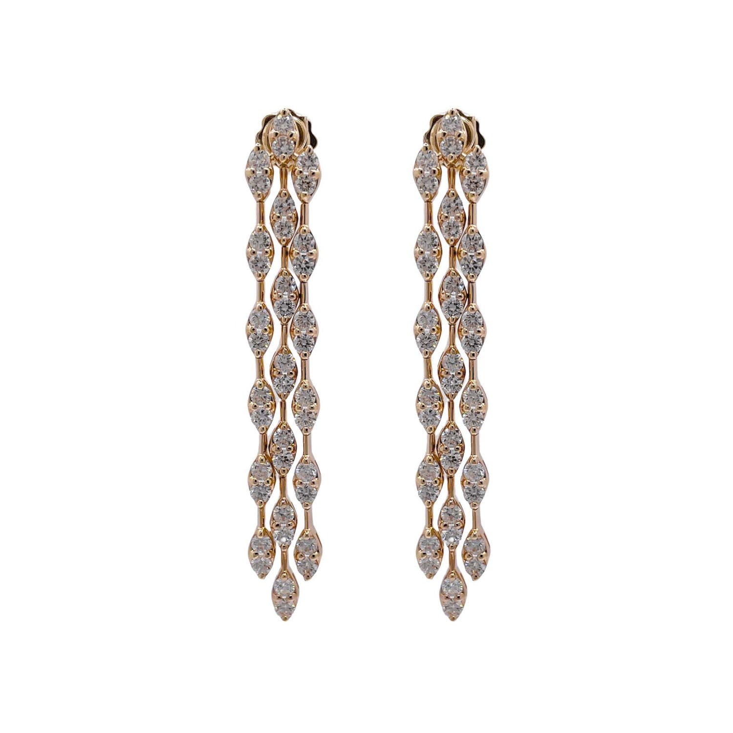 14K Yellow Gold Diamond Three Row Drop Earrings