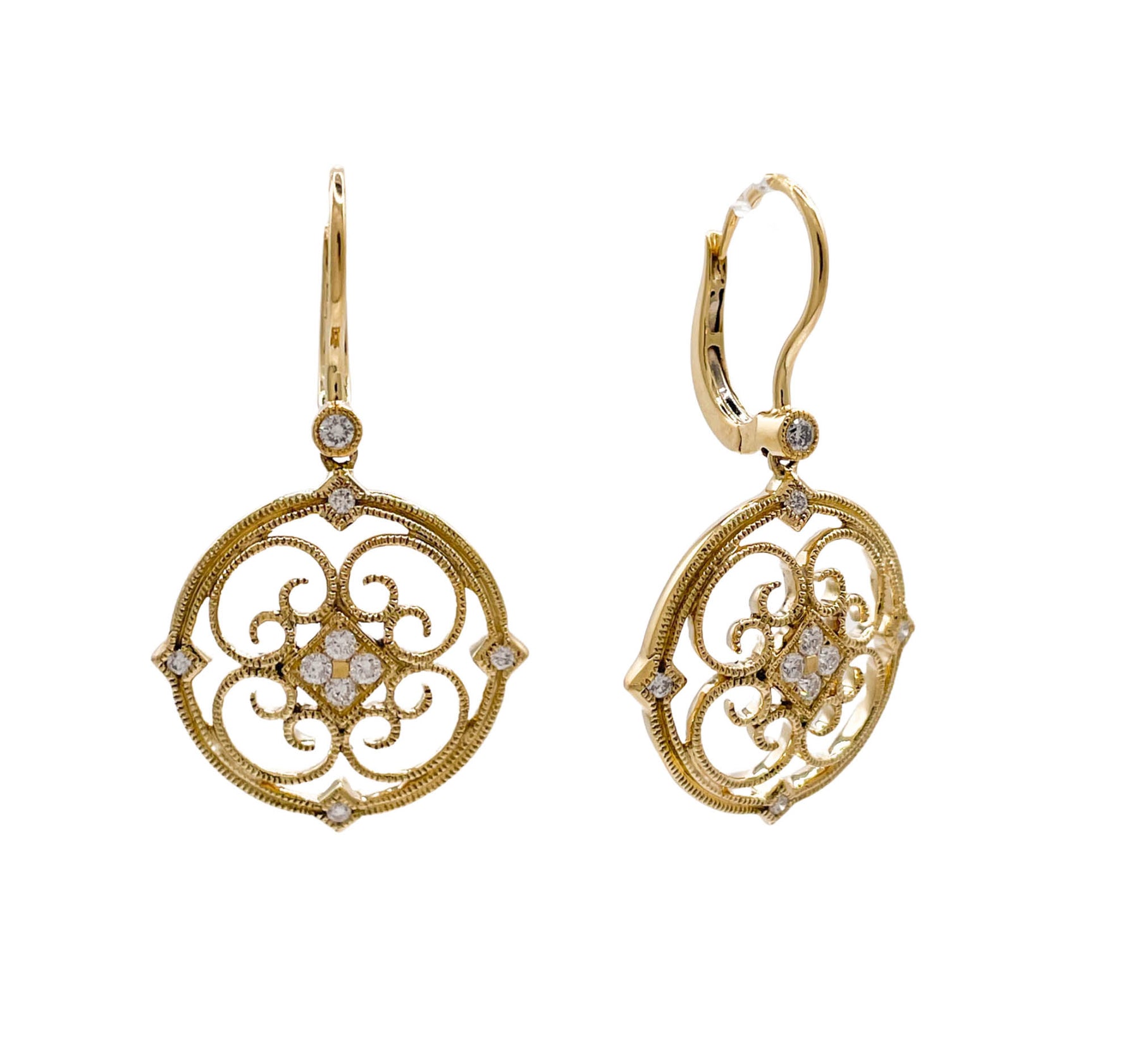 Jay Feder 14k Yellow Gold Diamond Filigree Drop Dangle Earrings