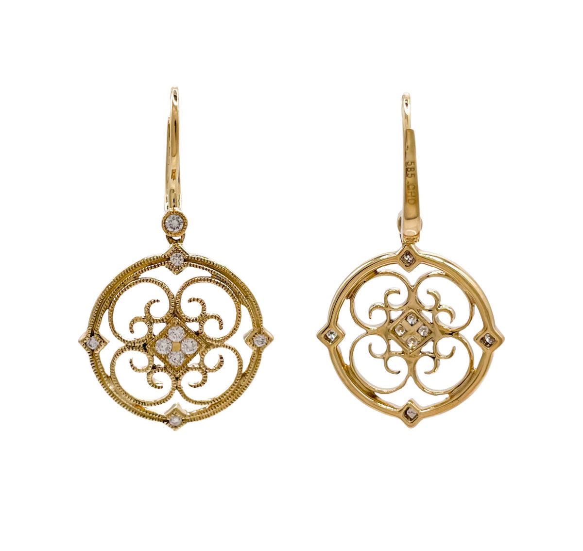 Jay Feder 14k Yellow Gold Diamond Filigree Drop Dangle Earrings