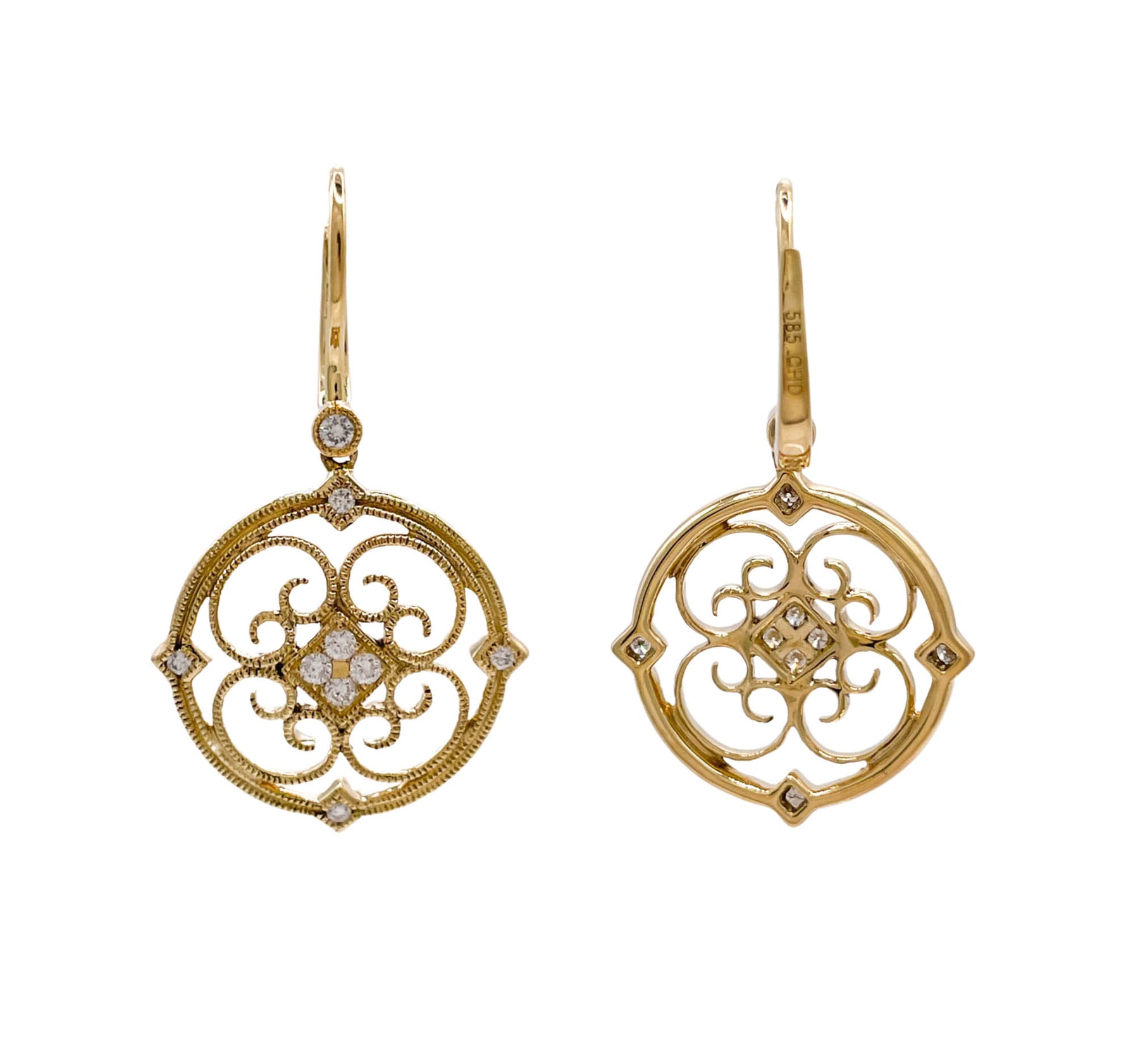 Jay Feder 14k Yellow Gold Diamond Filigree Drop Dangle Earrings