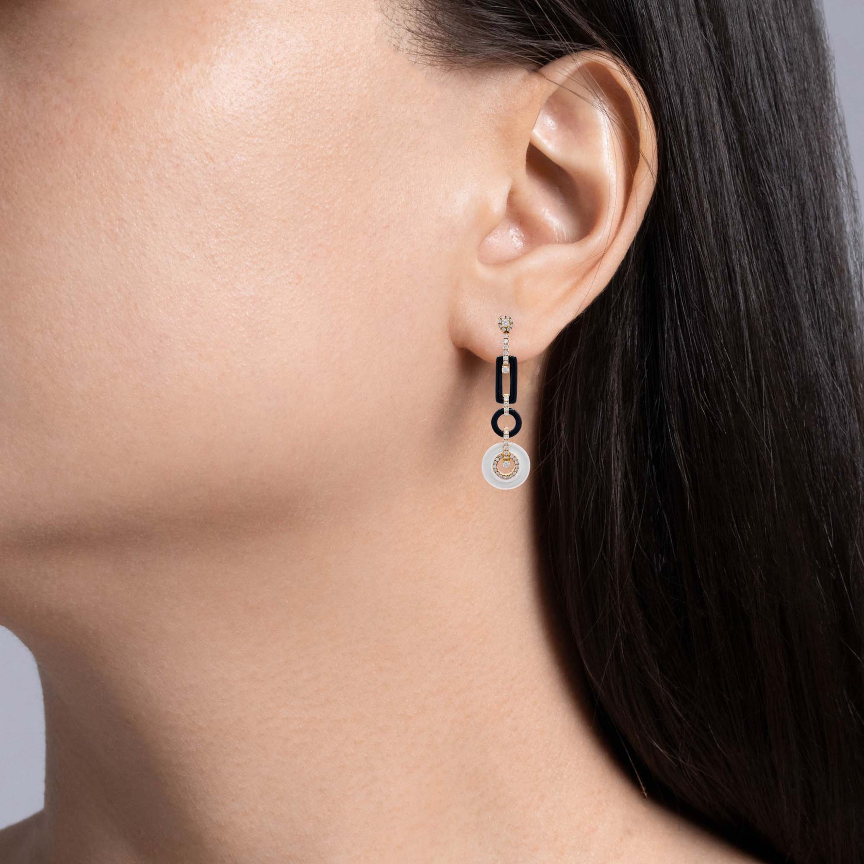 Jay Feder 18k Yellow Gold Diamond Onyx and Mother of Pearl Drop Dangle Earrings