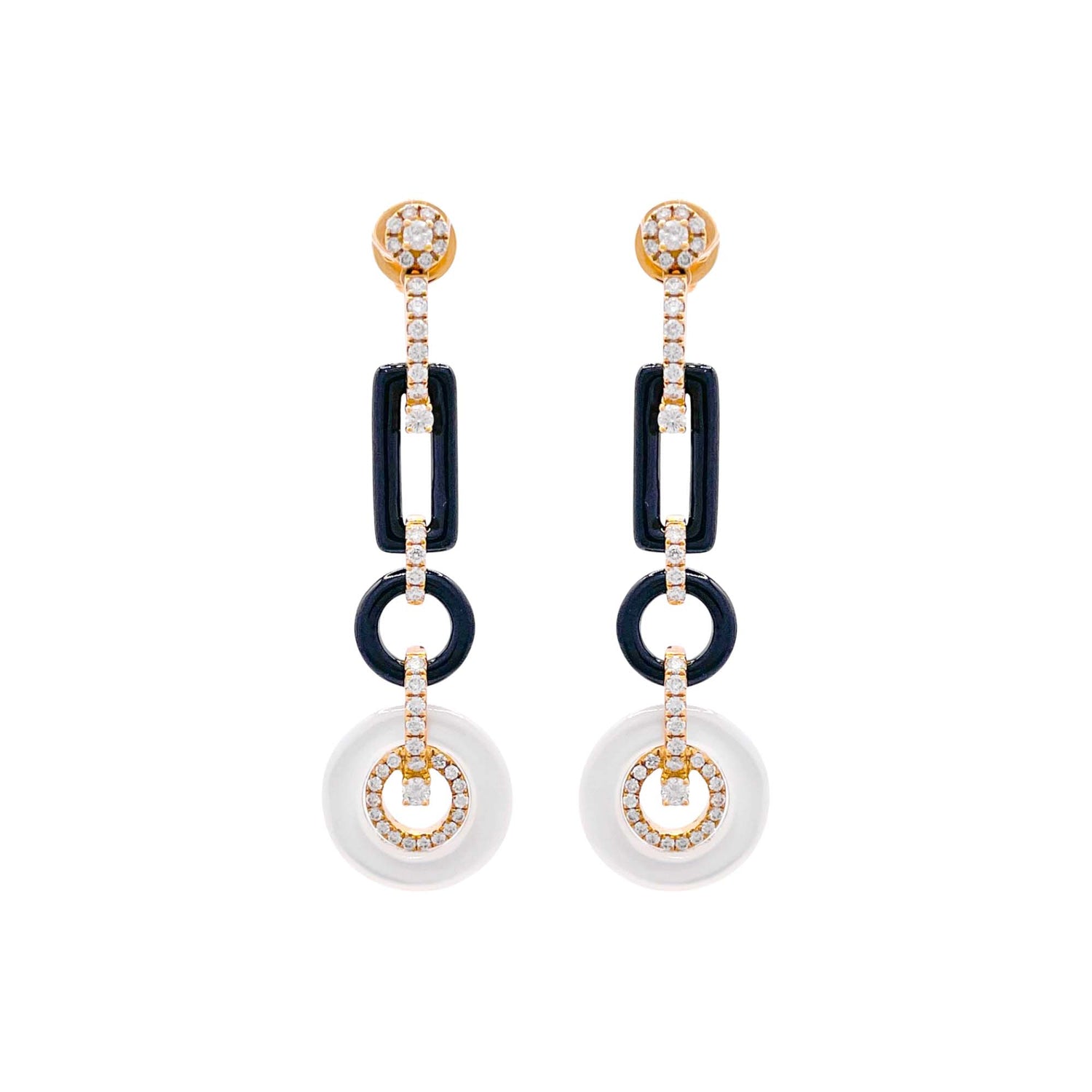 Jay Feder 18k Yellow Gold Diamond Onyx and Mother of Pearl Drop Dangle Earrings