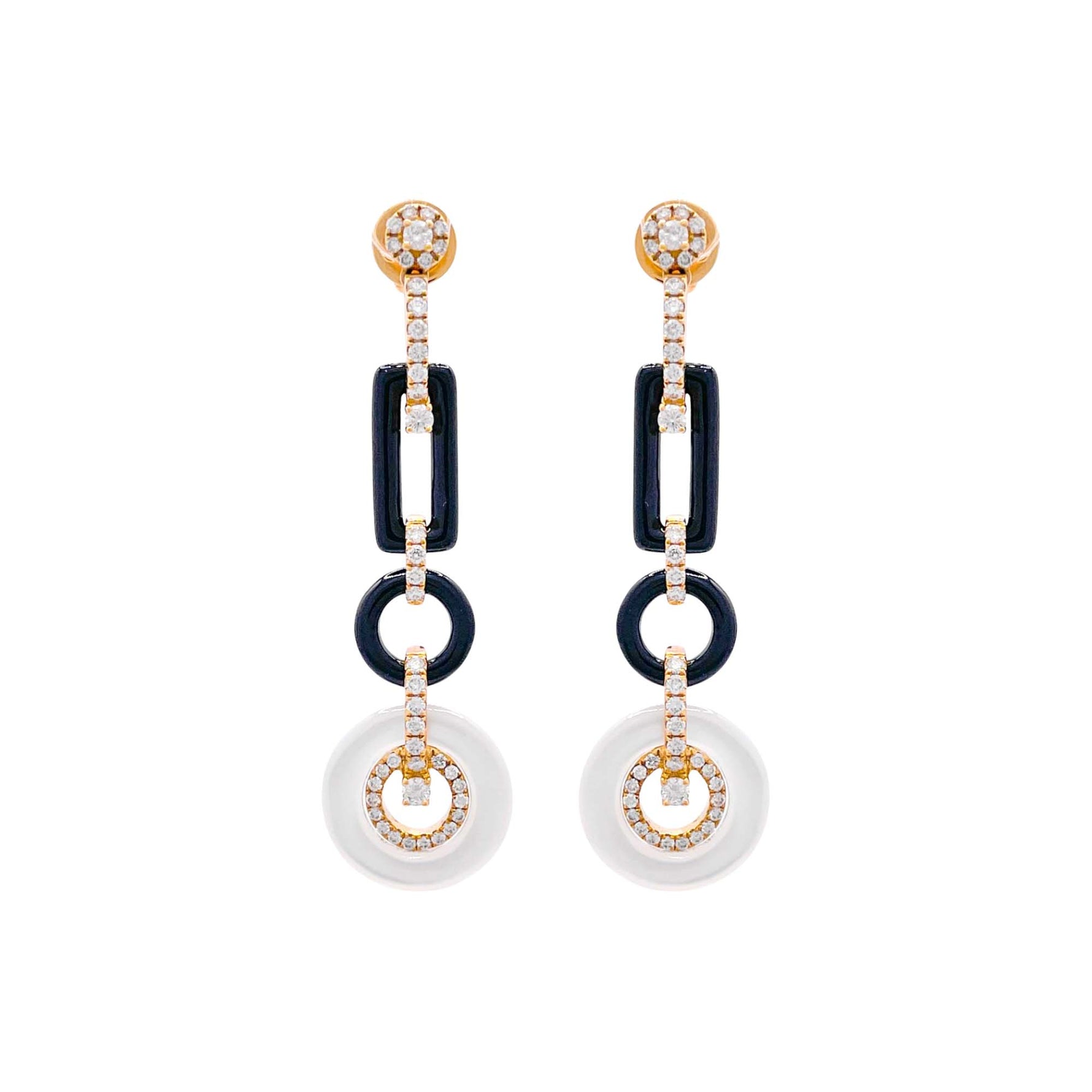 Jay Feder 18k Yellow Gold Diamond Onyx and Mother of Pearl Drop Dangle Earrings