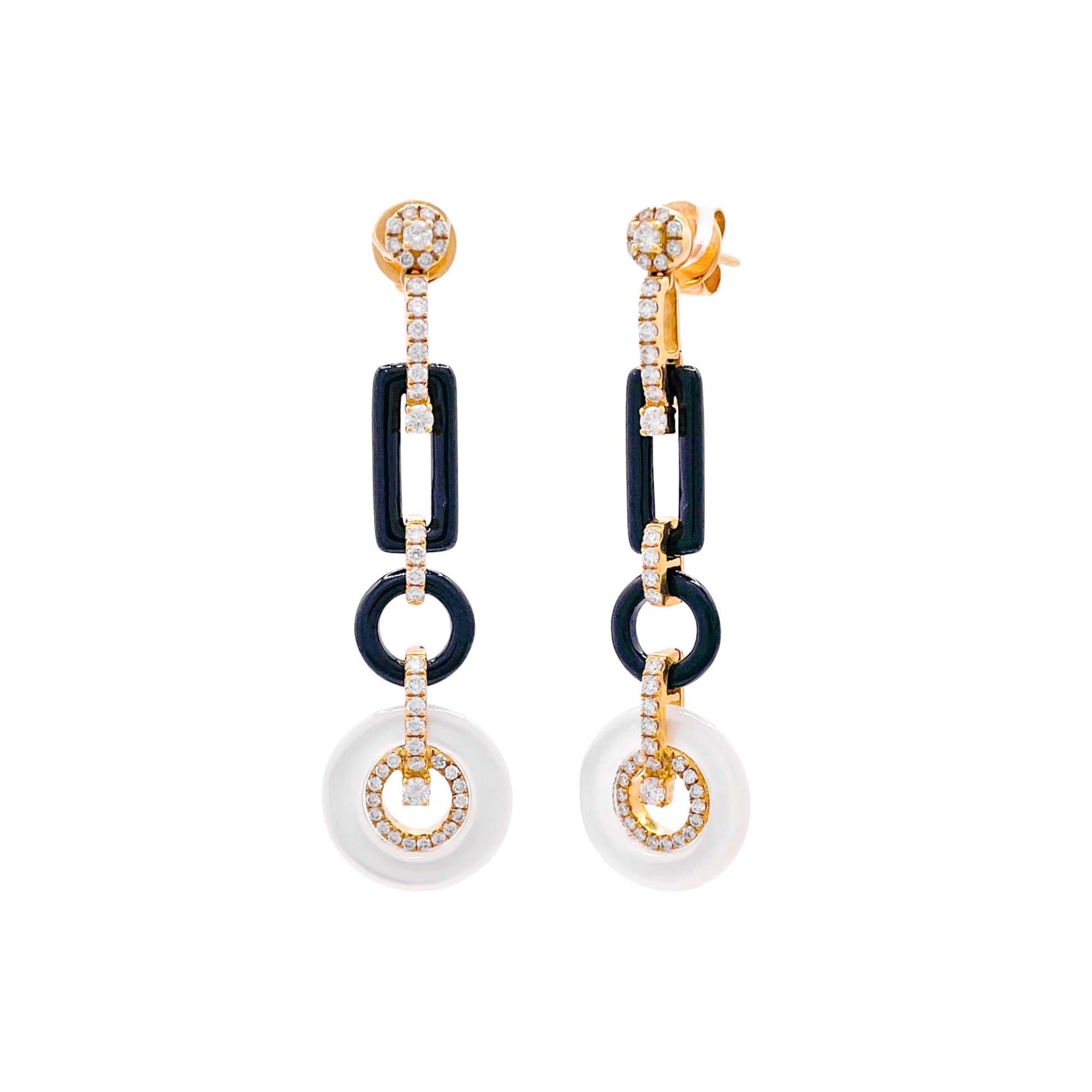 Jay Feder 18k Yellow Gold Diamond Onyx and Mother of Pearl Drop Dangle Earrings