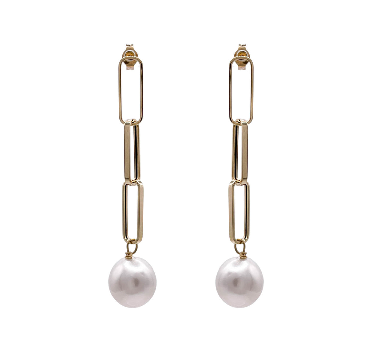 JAY FEDER 14K YELLOW GOLD SOUTH SEA PEARL PAPERCLIP CHAIN EARRINGS