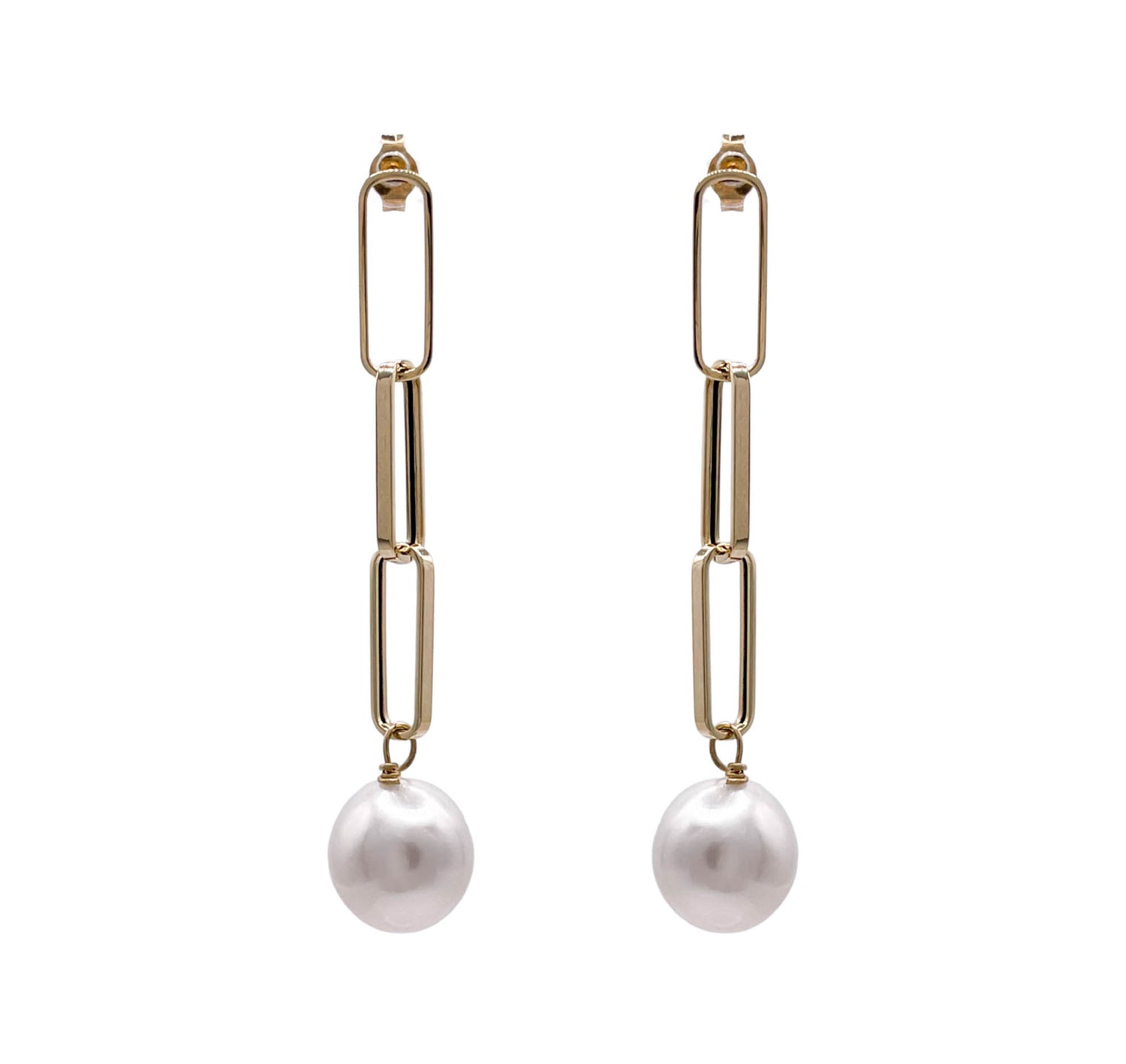 JAY FEDER 14K YELLOW GOLD SOUTH SEA PEARL PAPERCLIP CHAIN EARRINGS