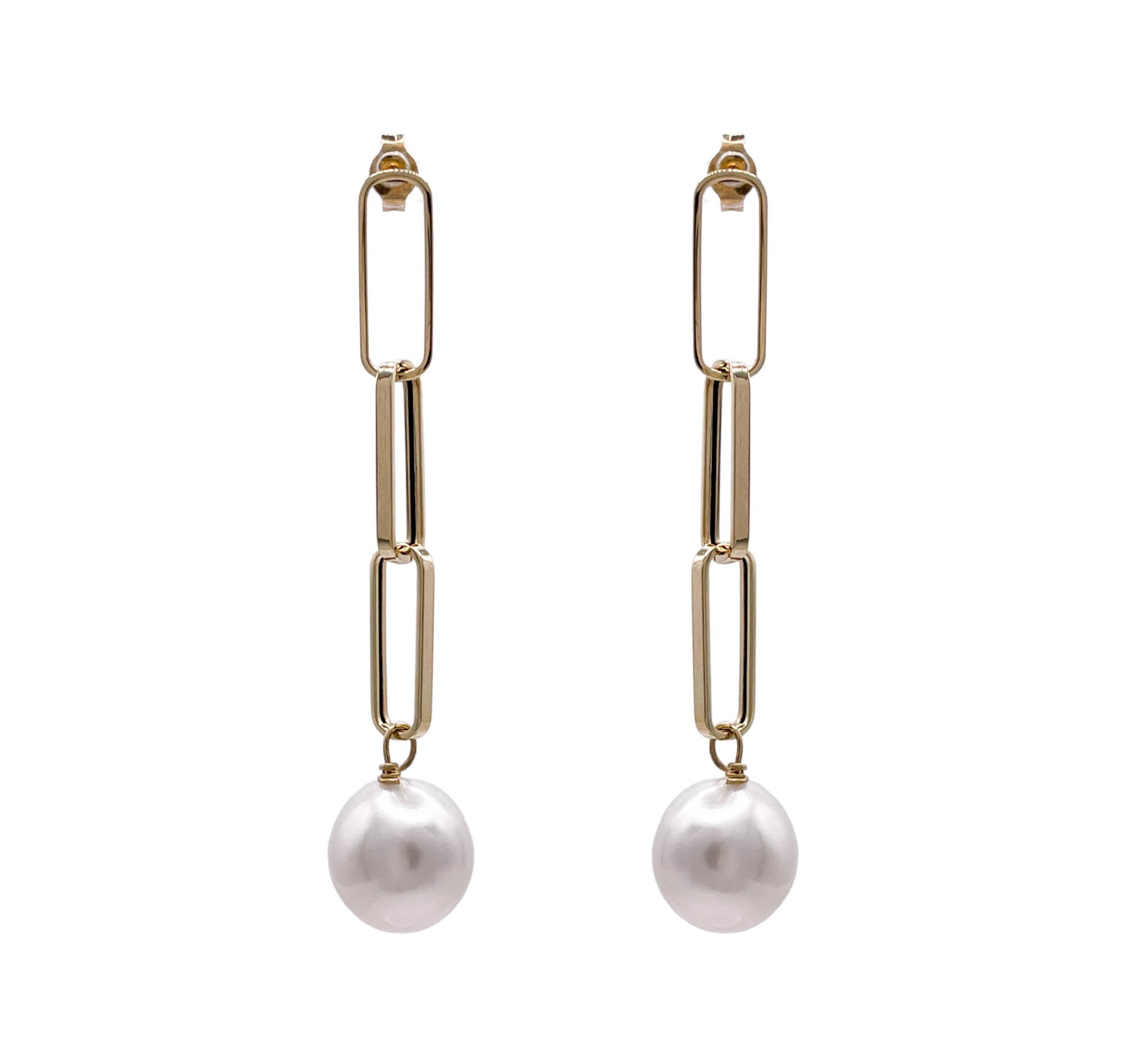 JAY FEDER 14K YELLOW GOLD SOUTH SEA PEARL PAPERCLIP CHAIN EARRINGS