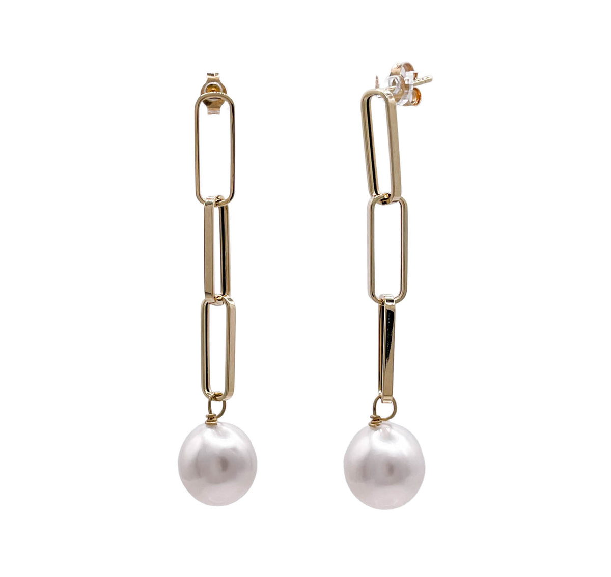 JAY FEDER 14K YELLOW GOLD SOUTH SEA PEARL PAPERCLIP CHAIN EARRINGS