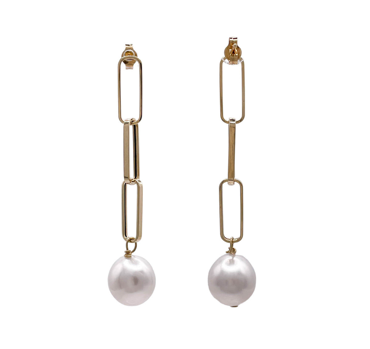 JAY FEDER 14K YELLOW GOLD SOUTH SEA PEARL PAPERCLIP CHAIN EARRINGS