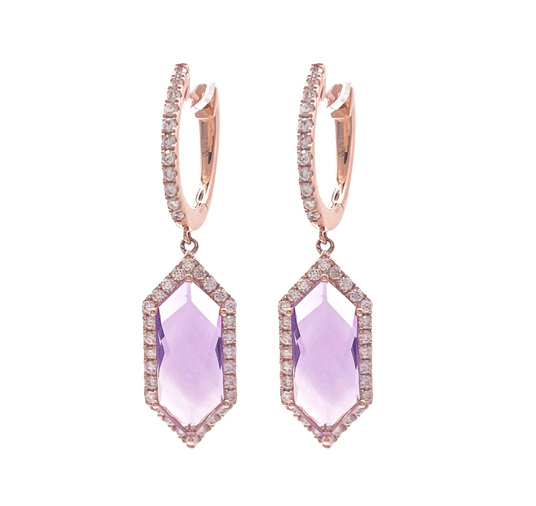 JAY FEDER 18K ROSE GOLD ROSE DE FRANCE AMETHYST AND DIAMOND EARRINGS