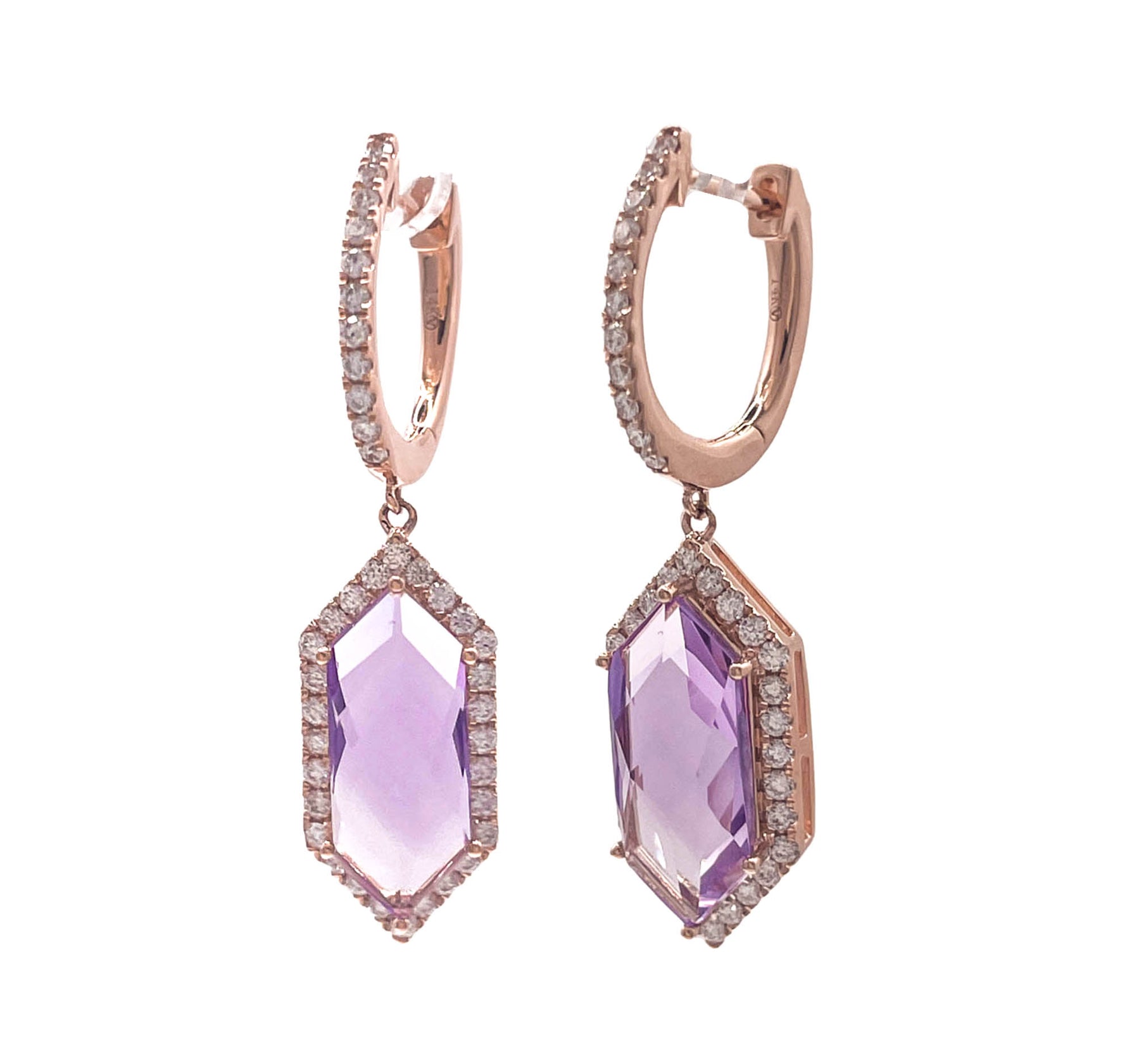 JAY FEDER 18K ROSE GOLD ROSE DE FRANCE AMETHYST AND DIAMOND EARRINGS