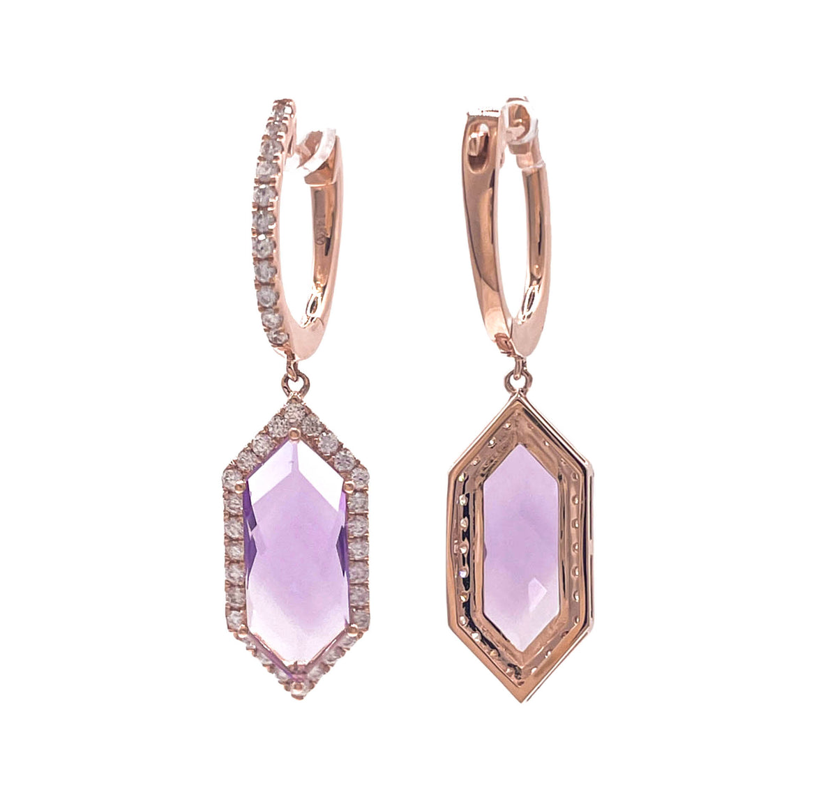 JAY FEDER 18K ROSE GOLD ROSE DE FRANCE AMETHYST AND DIAMOND EARRINGS