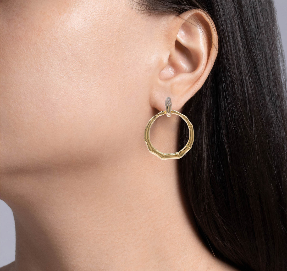 JAY FEDER 14K YELLOW GOLD DIAMOND LARGE OPEN HOOP DANGLE EARRINGS