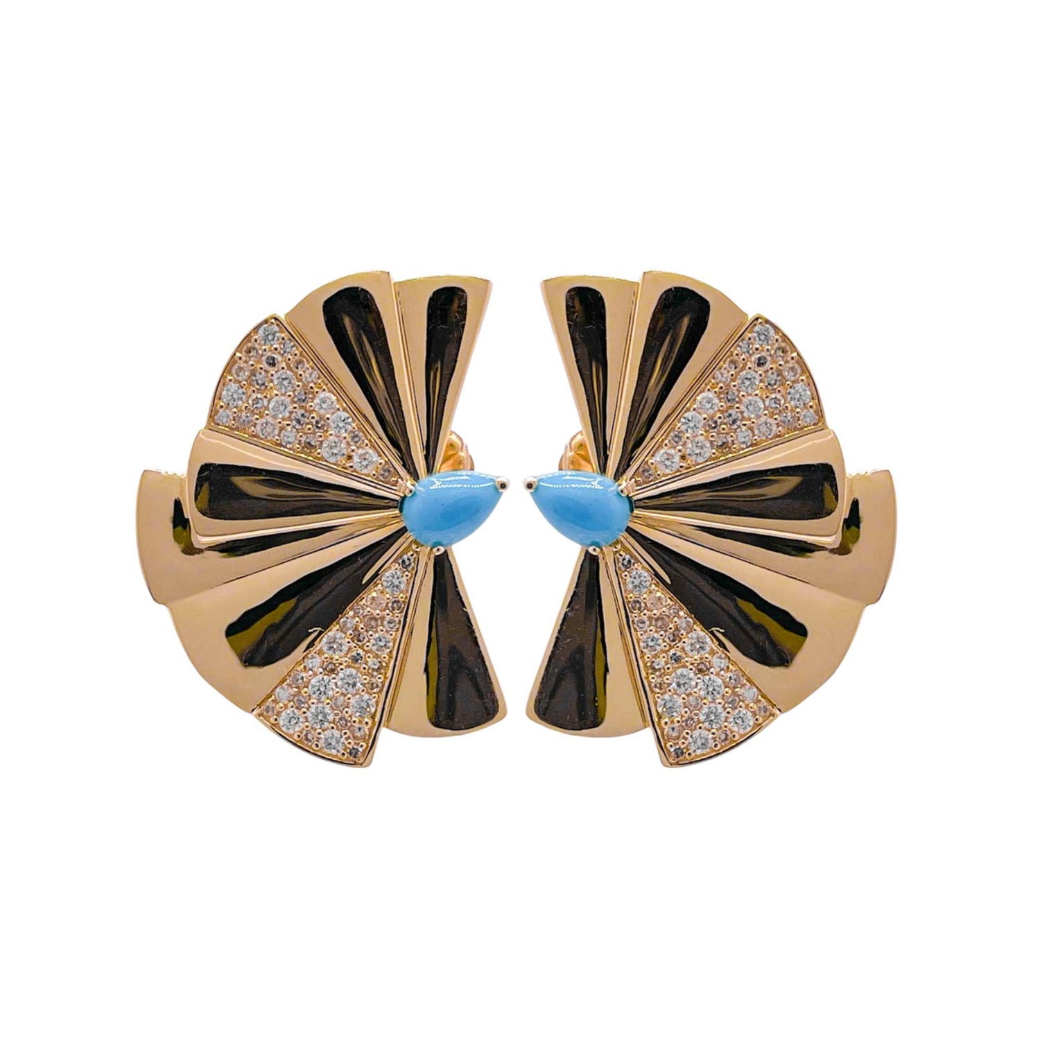 Jay Feder 14k Yellow Gold Turquoise Diamond Fan Earrings