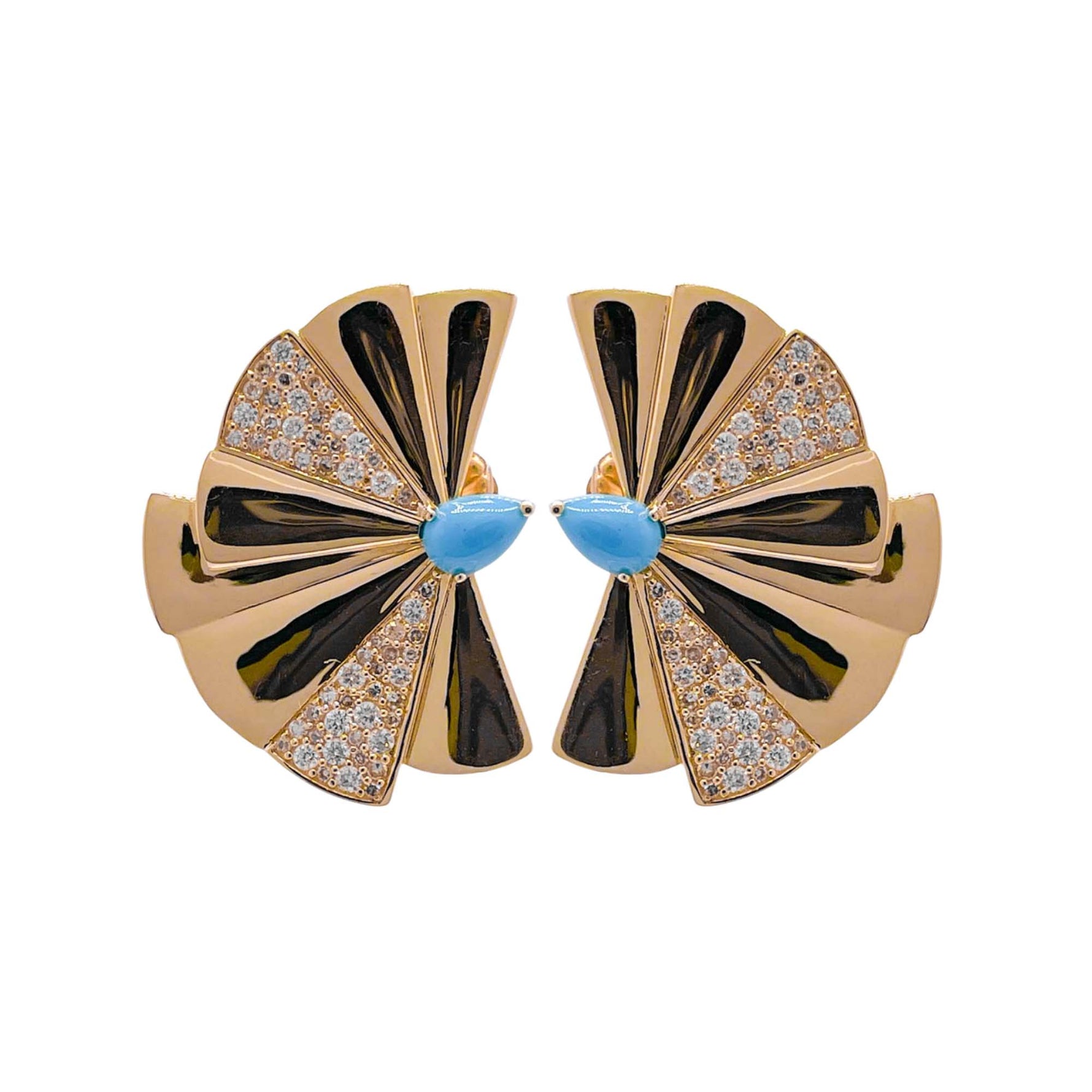 Jay Feder 14k Yellow Gold Turquoise Diamond Fan Earrings
