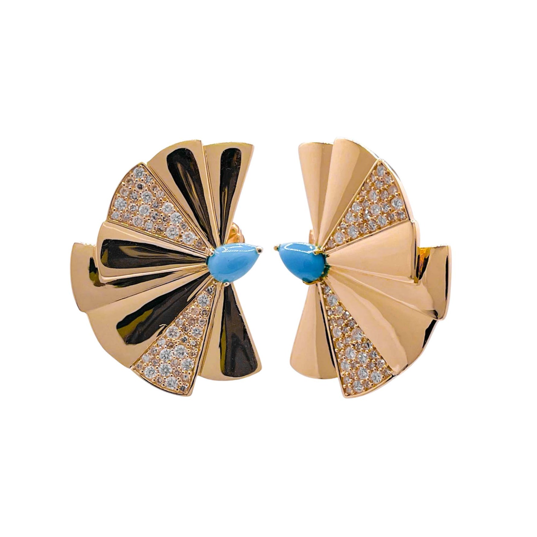 Jay Feder 14k Yellow Gold Turquoise Diamond Fan Earrings
