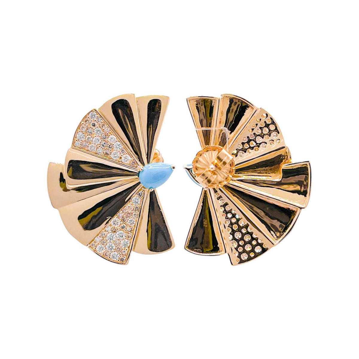 Jay Feder 14k Yellow Gold Turquoise Diamond Fan Earrings