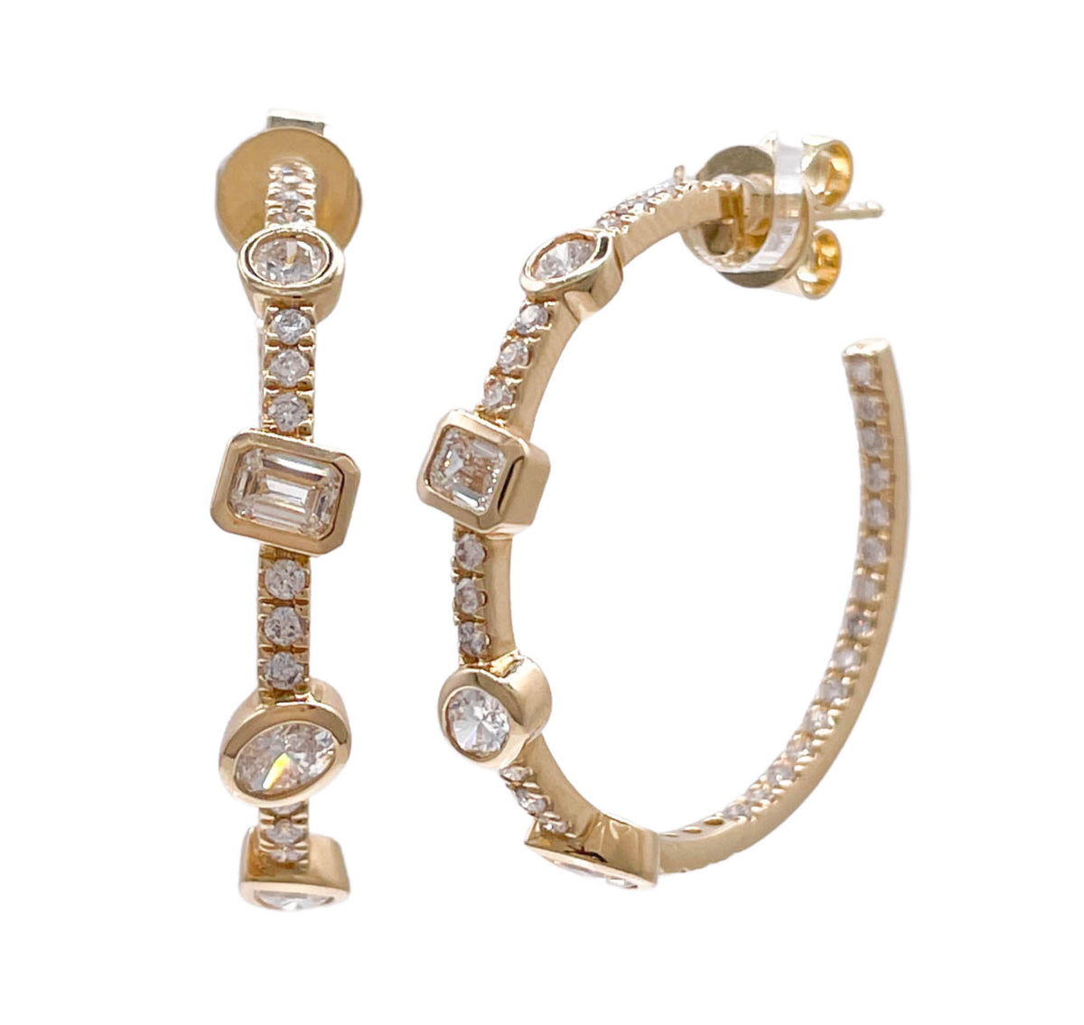 JAY FEDER 14K YELLOW GOLD DIAMOND ROW HOOP EARRINGS