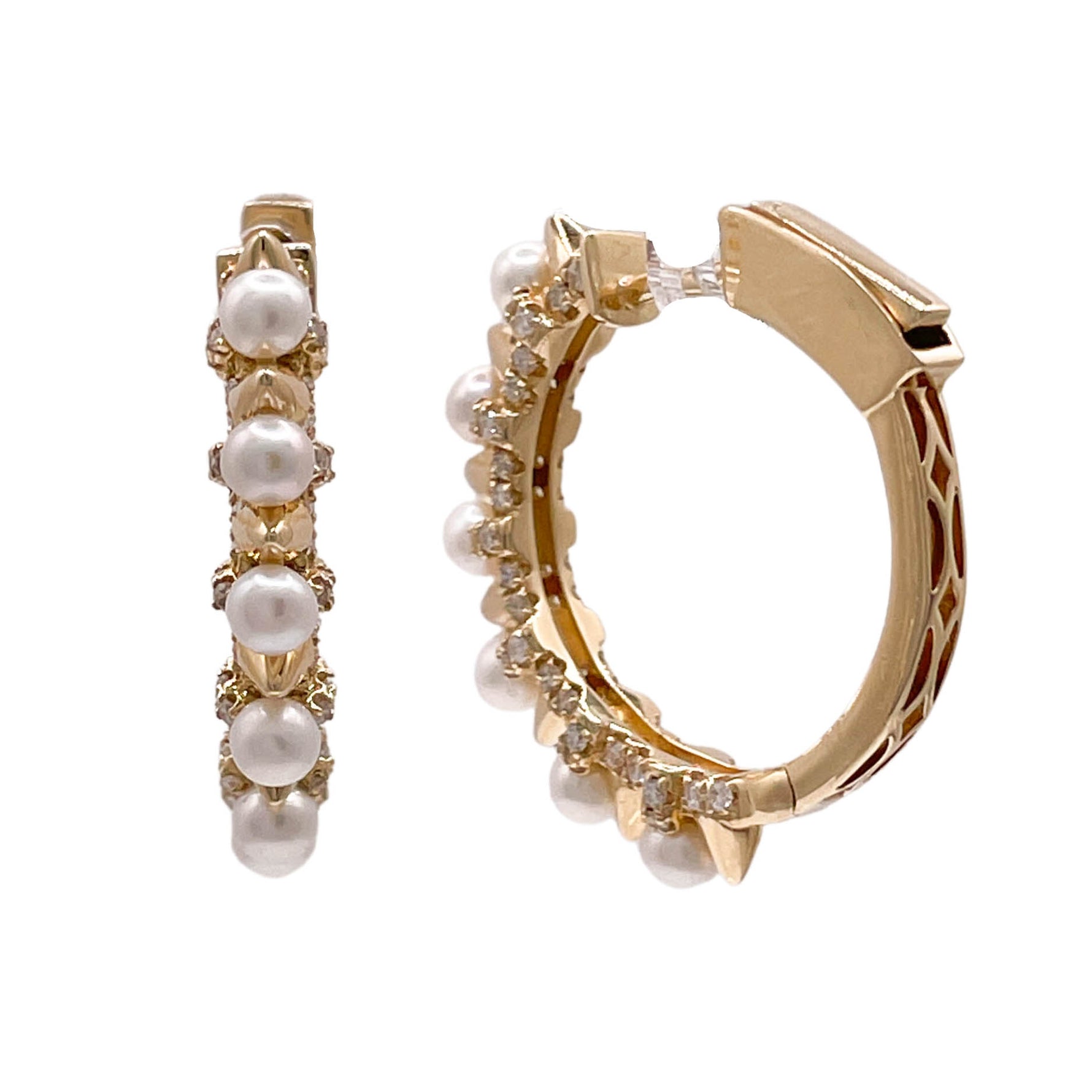 JAY FEDER 14K YELLOW GOLD PEARL DIAMOND HOOP EARRINGS