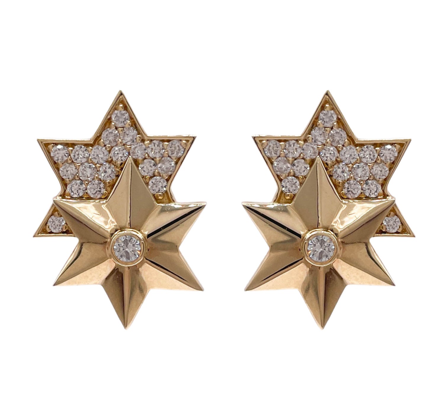JAY FEDER 14K YELLOW GOLD DIAMOND DOUBLE STAR EARRINGS