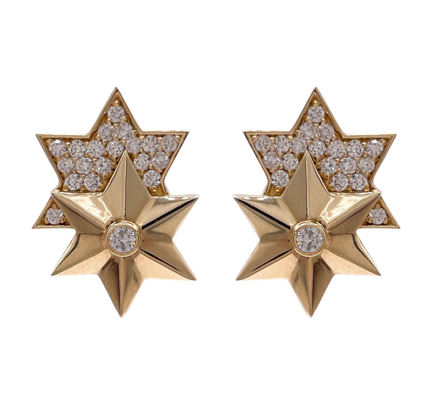 JAY FEDER 14K YELLOW GOLD DIAMOND DOUBLE STAR EARRINGS