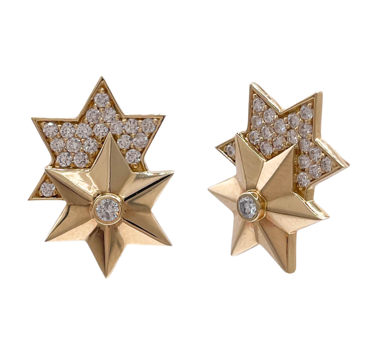 JAY FEDER 14K YELLOW GOLD DIAMOND DOUBLE STAR EARRINGS