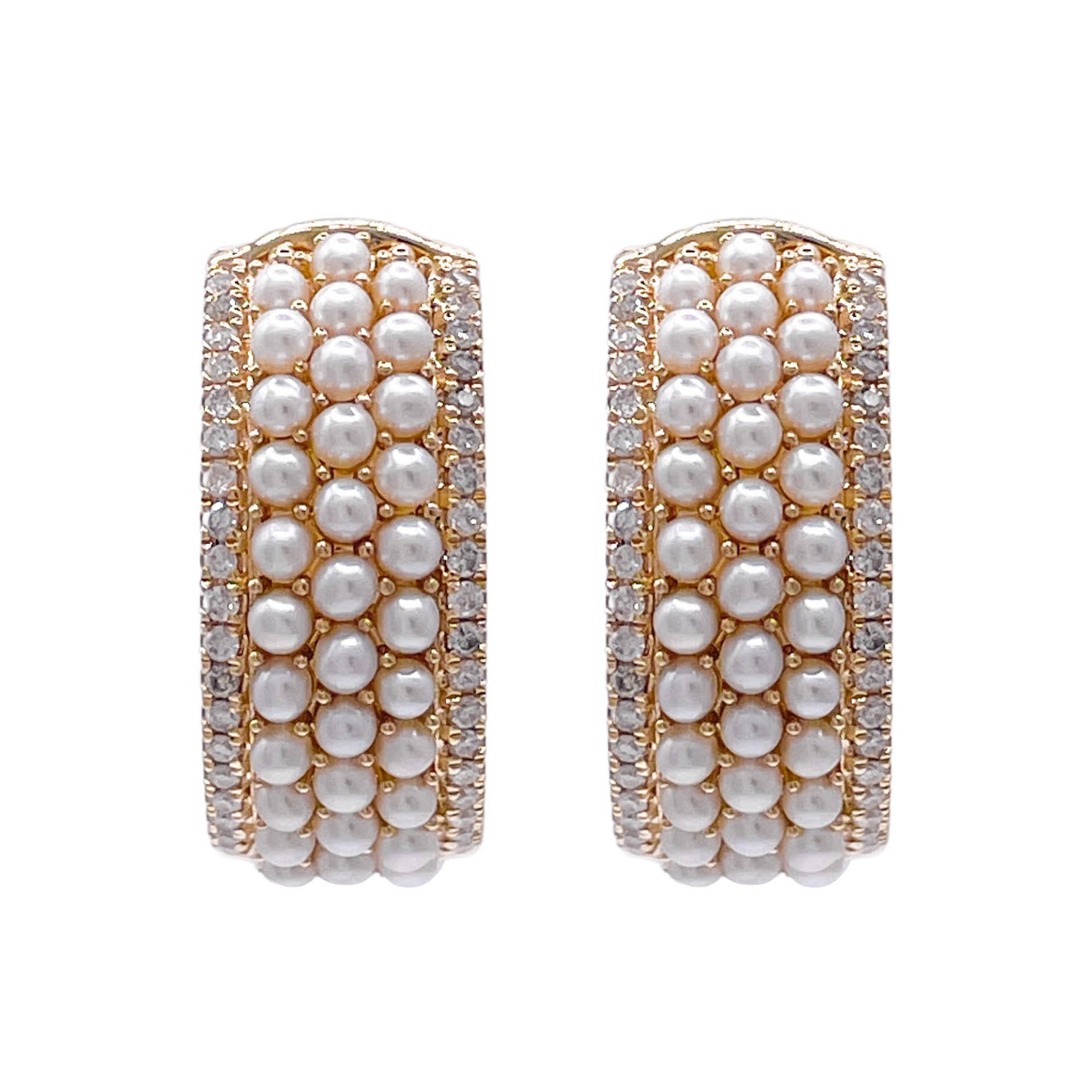 Jay Feder 14k Yellow Gold Pearl and Diamond Huggie Earrings