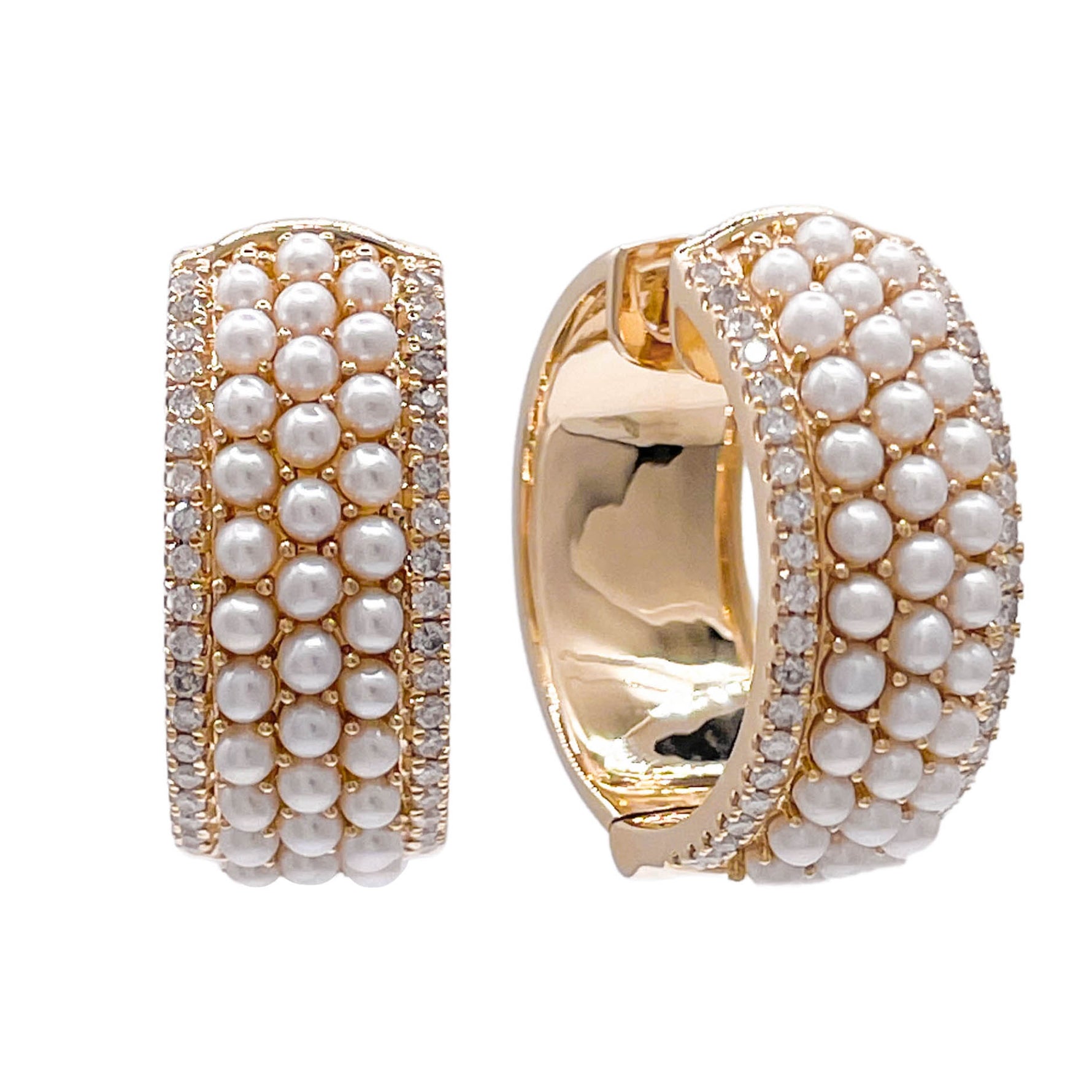 Jay Feder 14k Yellow Gold Pearl and Diamond Huggie Earrings