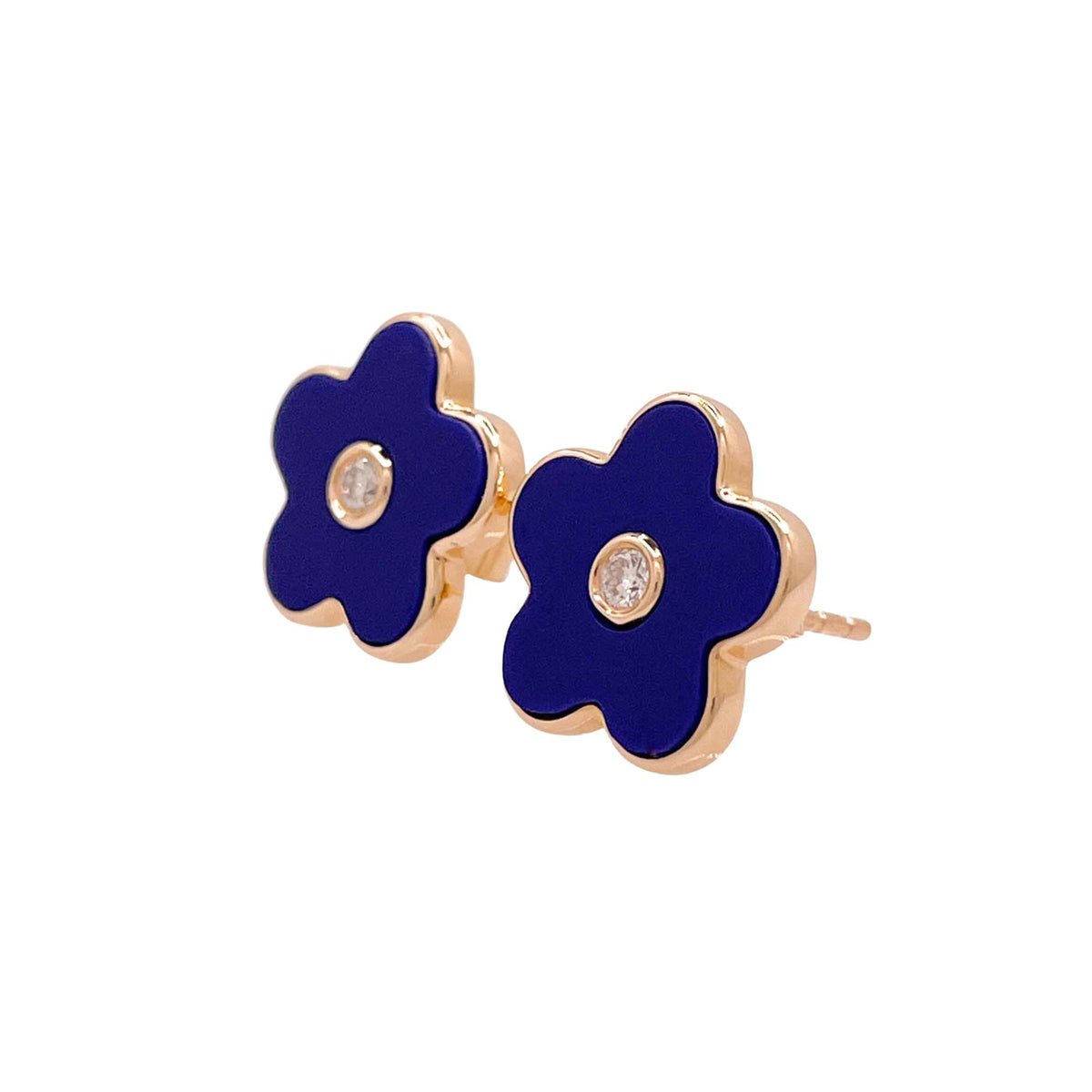 Jay Feder 14k Yellow Gold Diamond Lapis Lazuli Flower Stud Earrings