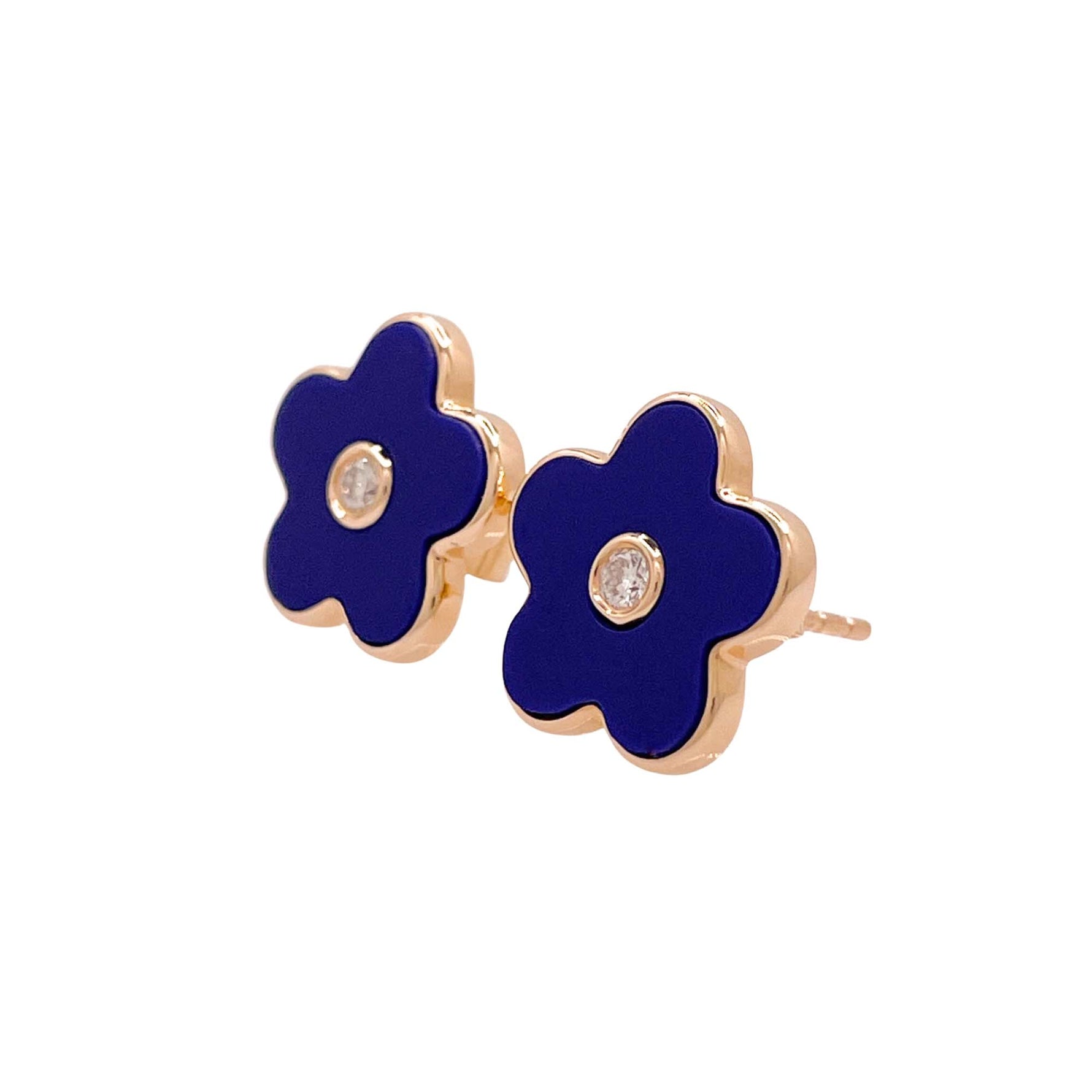 Jay Feder 14k Yellow Gold Diamond Lapis Lazuli Flower Stud Earrings