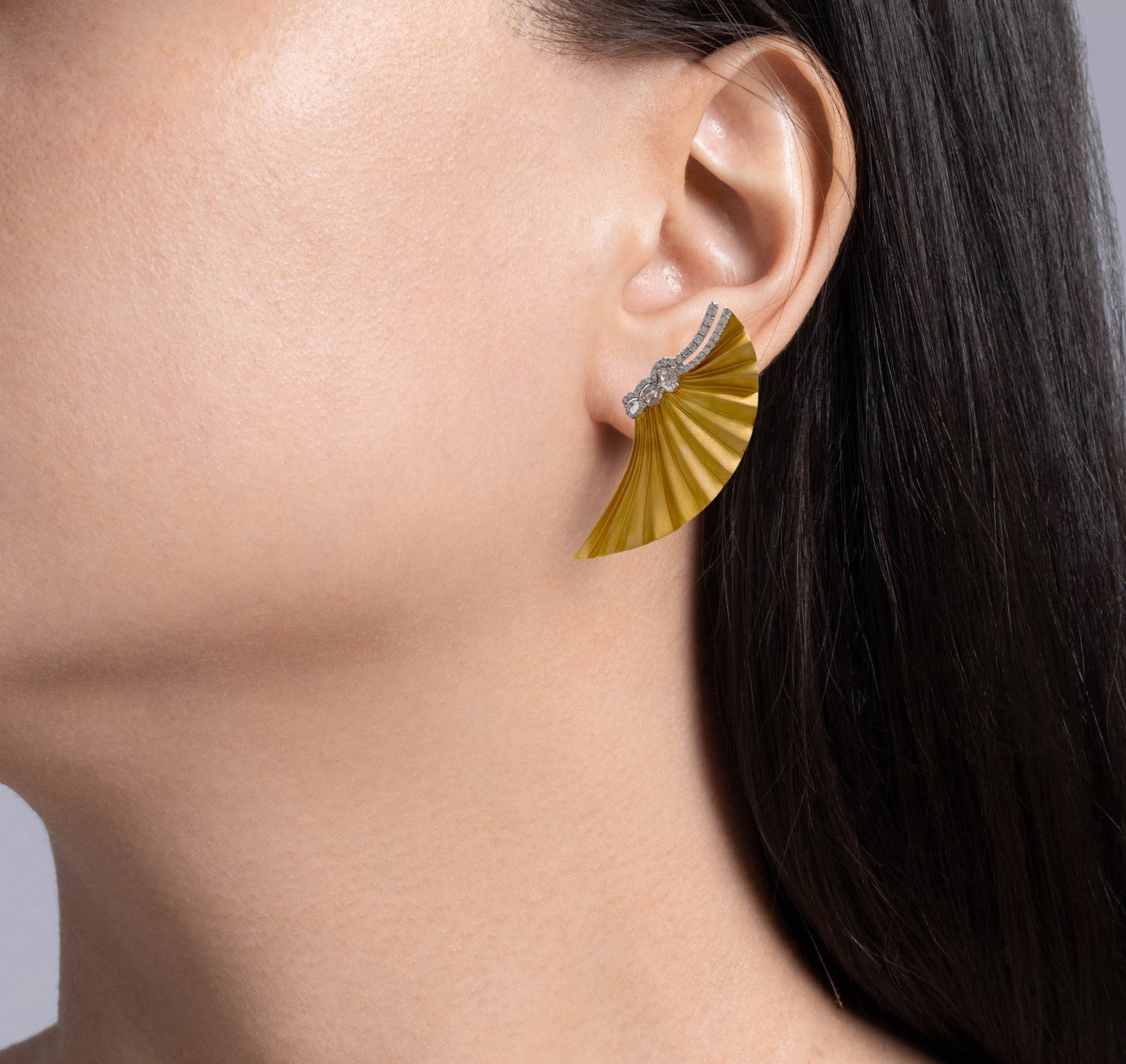 JAY FEDER 18K TWO TONE GOLD DIAMOND FAN EARRINGS