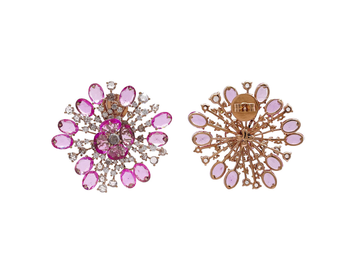 JAY FEDER 18K ROSE GOLD PINK SAPPHIRE AND DIAMOND FLOWER EARRINGS