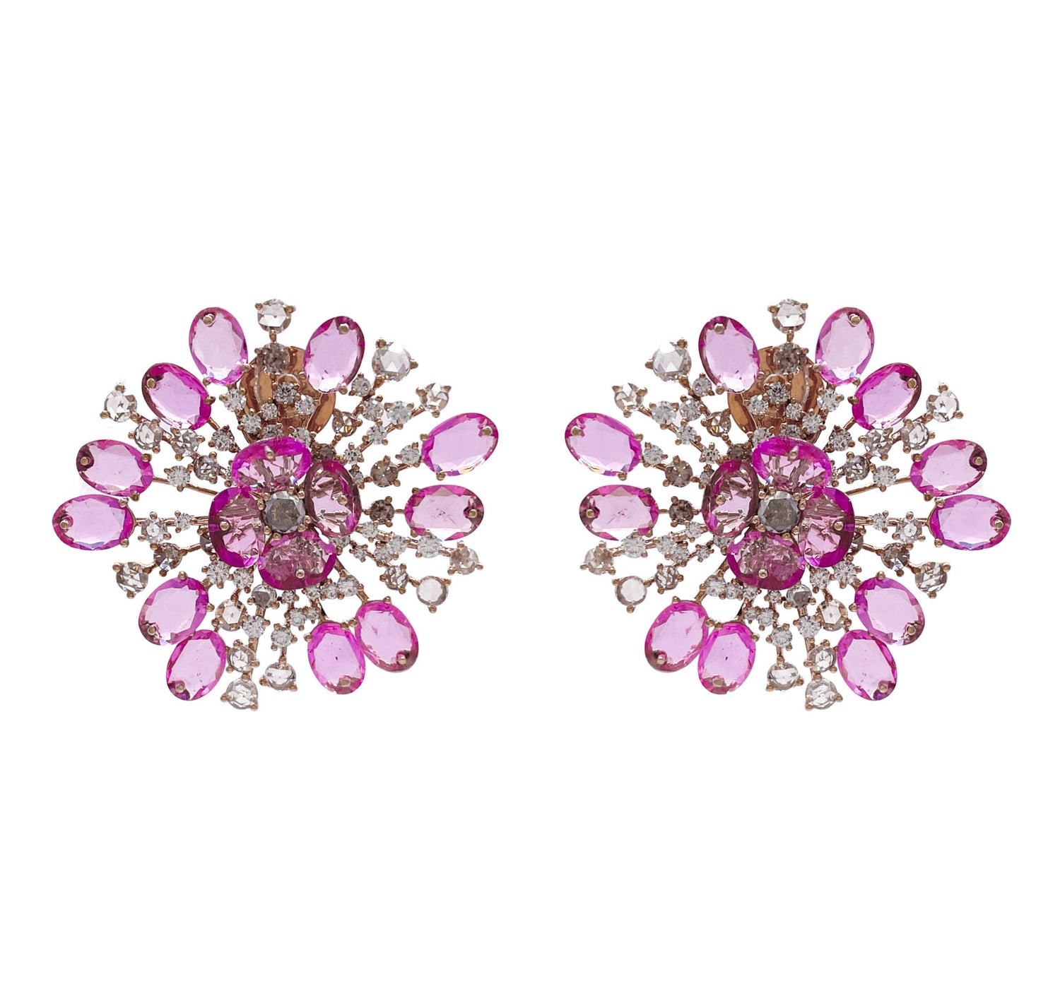 JAY FEDER 18K ROSE GOLD PINK SAPPHIRE AND DIAMOND FLOWER EARRINGS