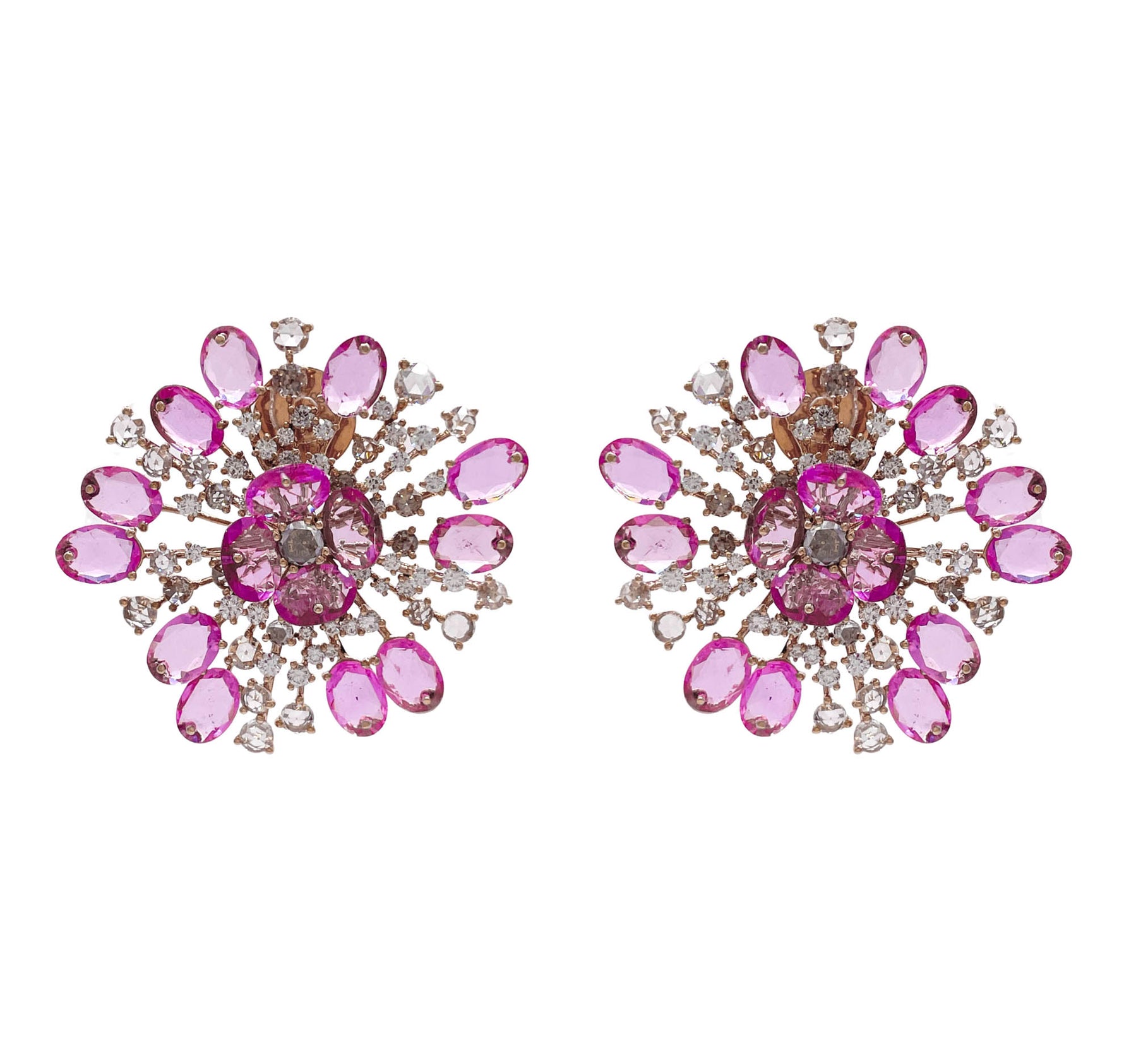 JAY FEDER 18K ROSE GOLD PINK SAPPHIRE AND DIAMOND FLOWER EARRINGS