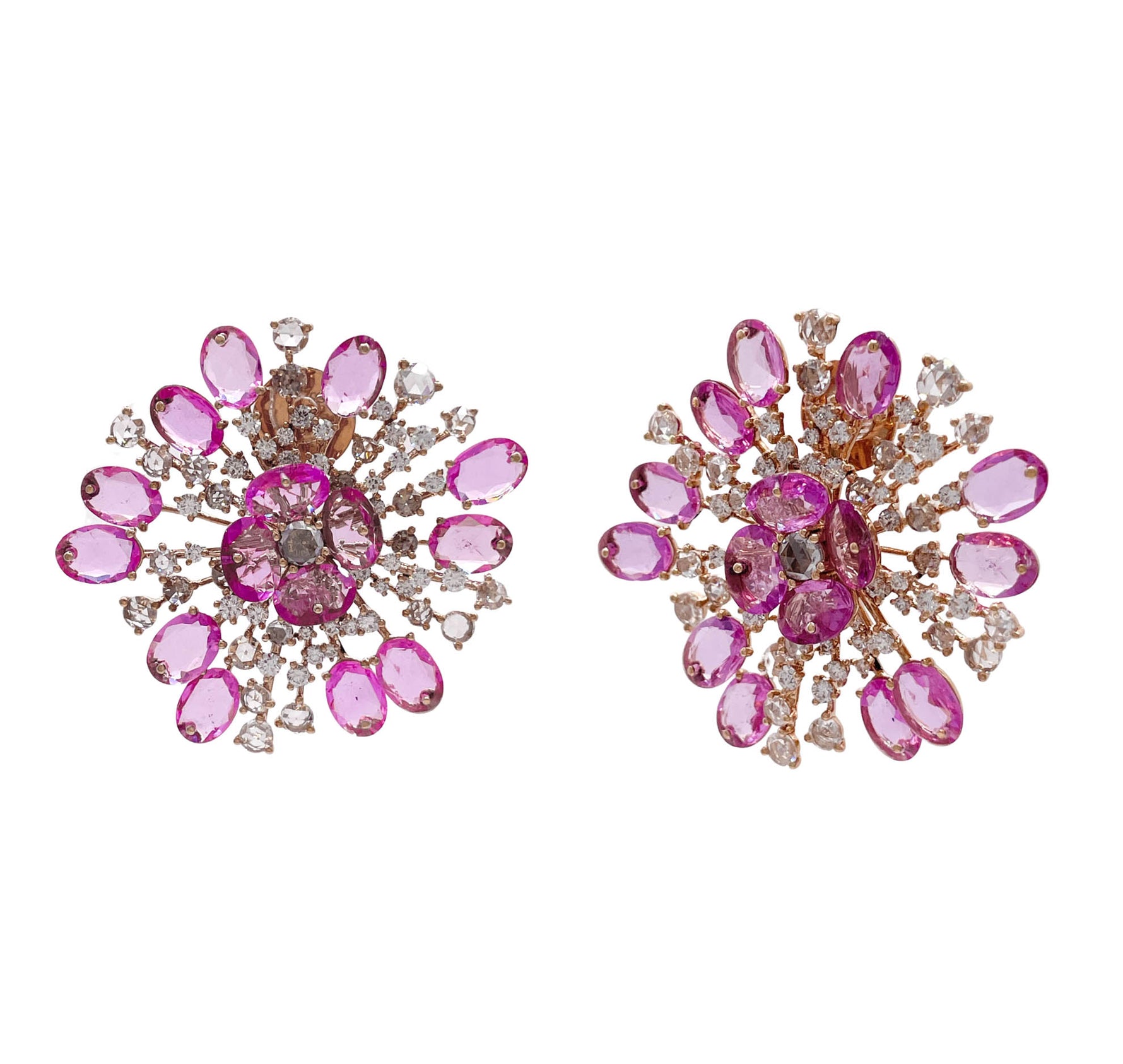 JAY FEDER 18K ROSE GOLD PINK SAPPHIRE AND DIAMOND FLOWER EARRINGS