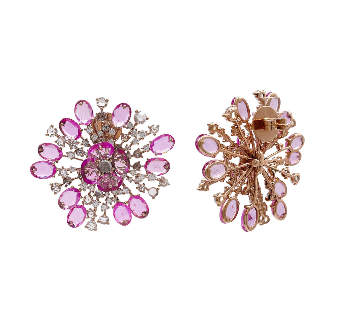 JAY FEDER 18K ROSE GOLD PINK SAPPHIRE AND DIAMOND FLOWER EARRINGS