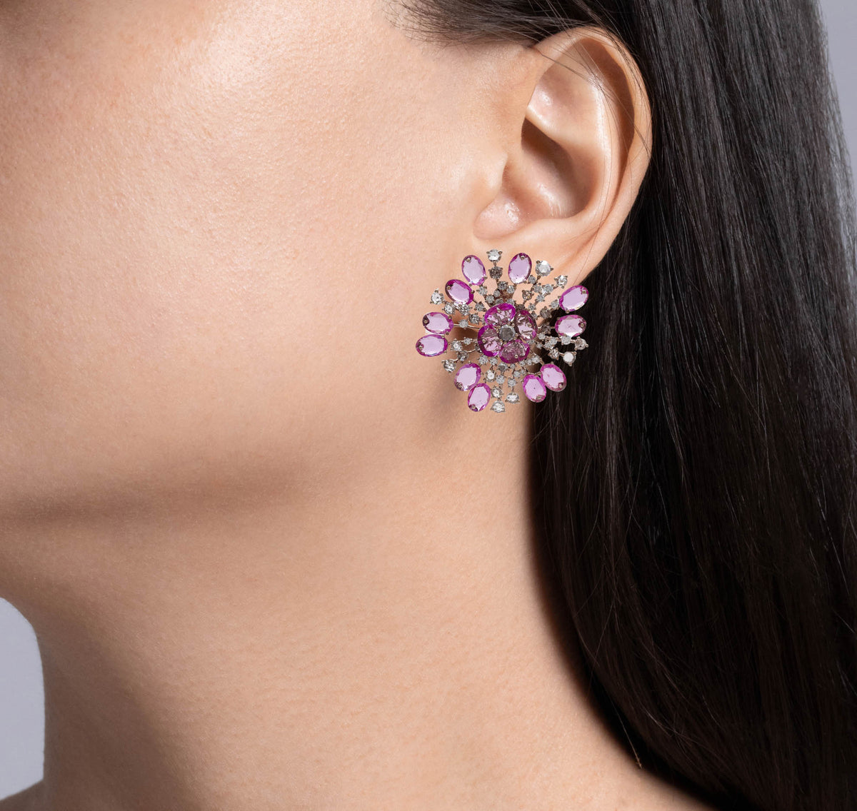 JAY FEDER 18K ROSE GOLD PINK SAPPHIRE AND DIAMOND FLOWER EARRINGS