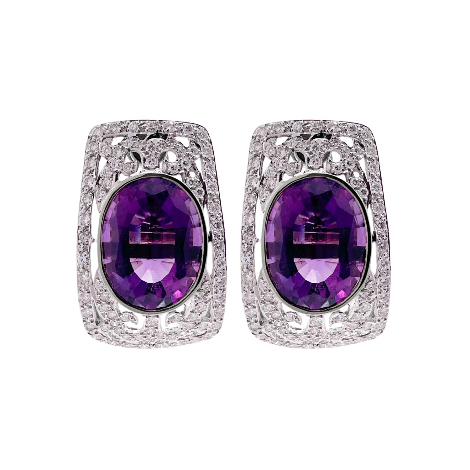 Jay Feder 18k White Gold Amethyst and Diamond Pave Clip Earrings