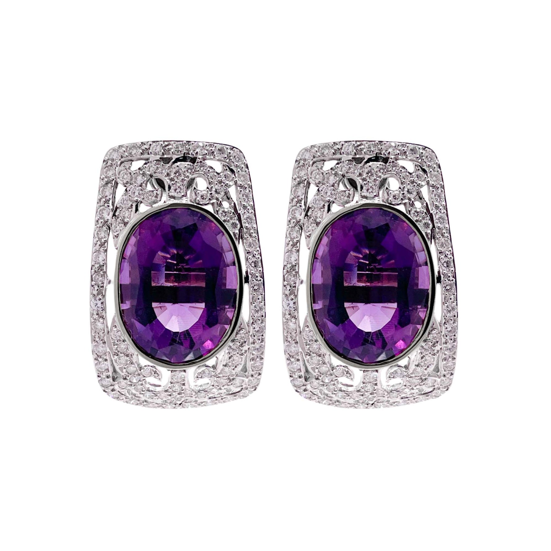 Jay Feder 18k White Gold Amethyst and Diamond Pave Clip Earrings