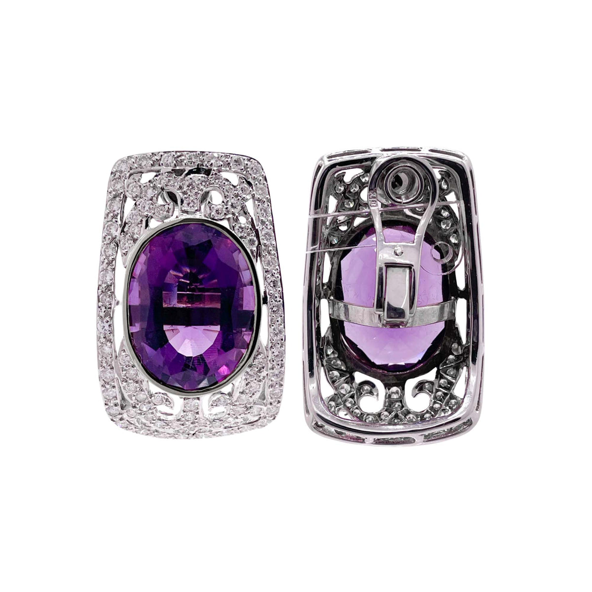 Jay Feder 18k White Gold Amethyst and Diamond Pave Clip Earrings