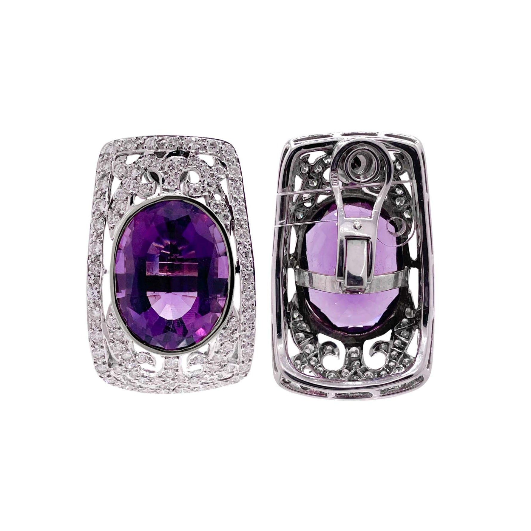 Jay Feder 18k White Gold Amethyst and Diamond Pave Clip Earrings