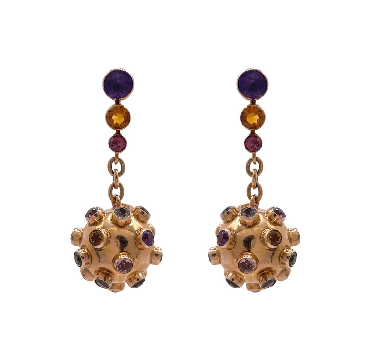 JAY FEDER 18K YELLOW GOLD MULTISTONE SPITNIK DROP EARRINGS