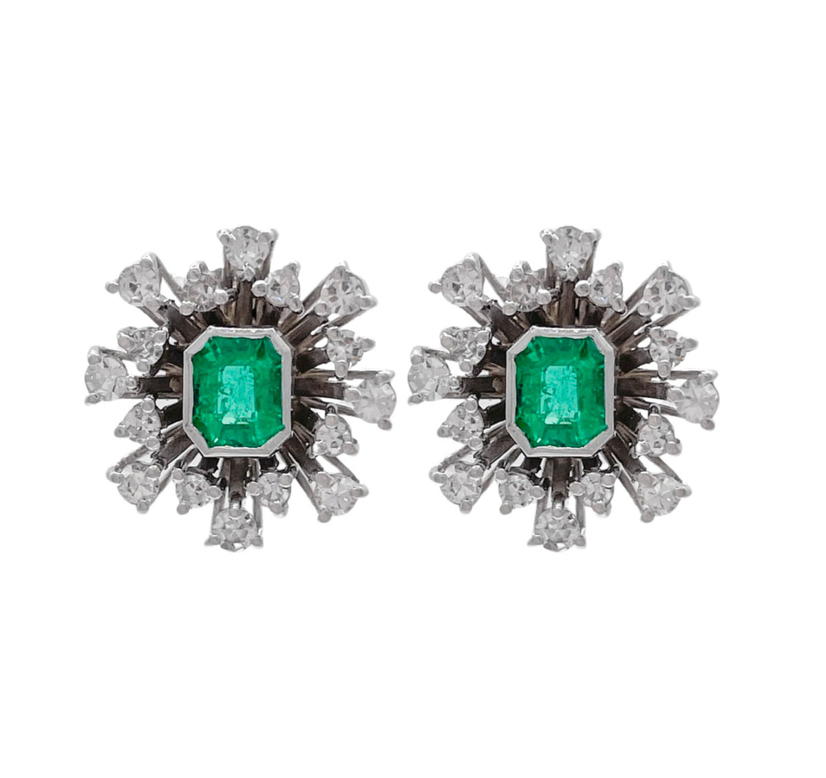 JAY FEDER 14K WHITE GOLD EMERALD DIAMOND BURST EARRINGS